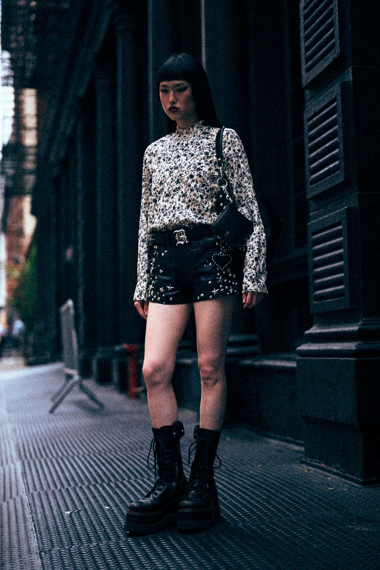 PLEATED TUXEDO FRONT SHIRT - BLACK FLORAL ON ECRU