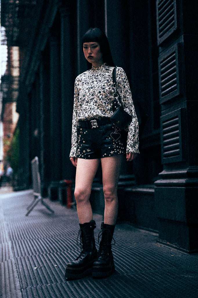 PLEATED TUXEDO FRONT SHIRT - BLACK FLORAL ON ECRU