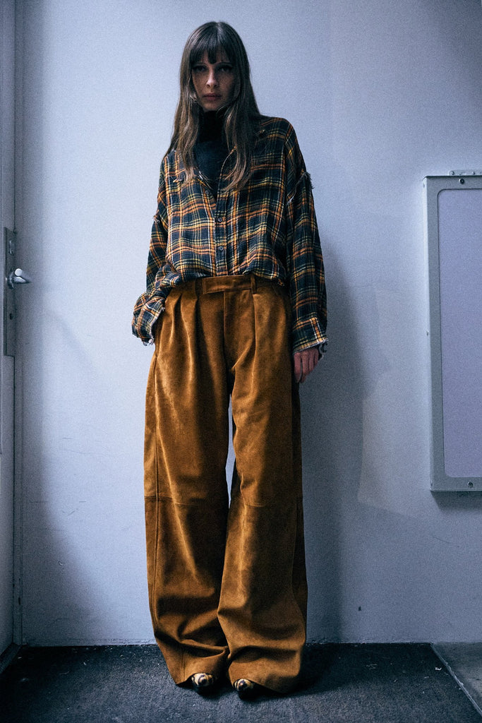 Pleated Wide Leg Leather Pant - Orange Brown Suede