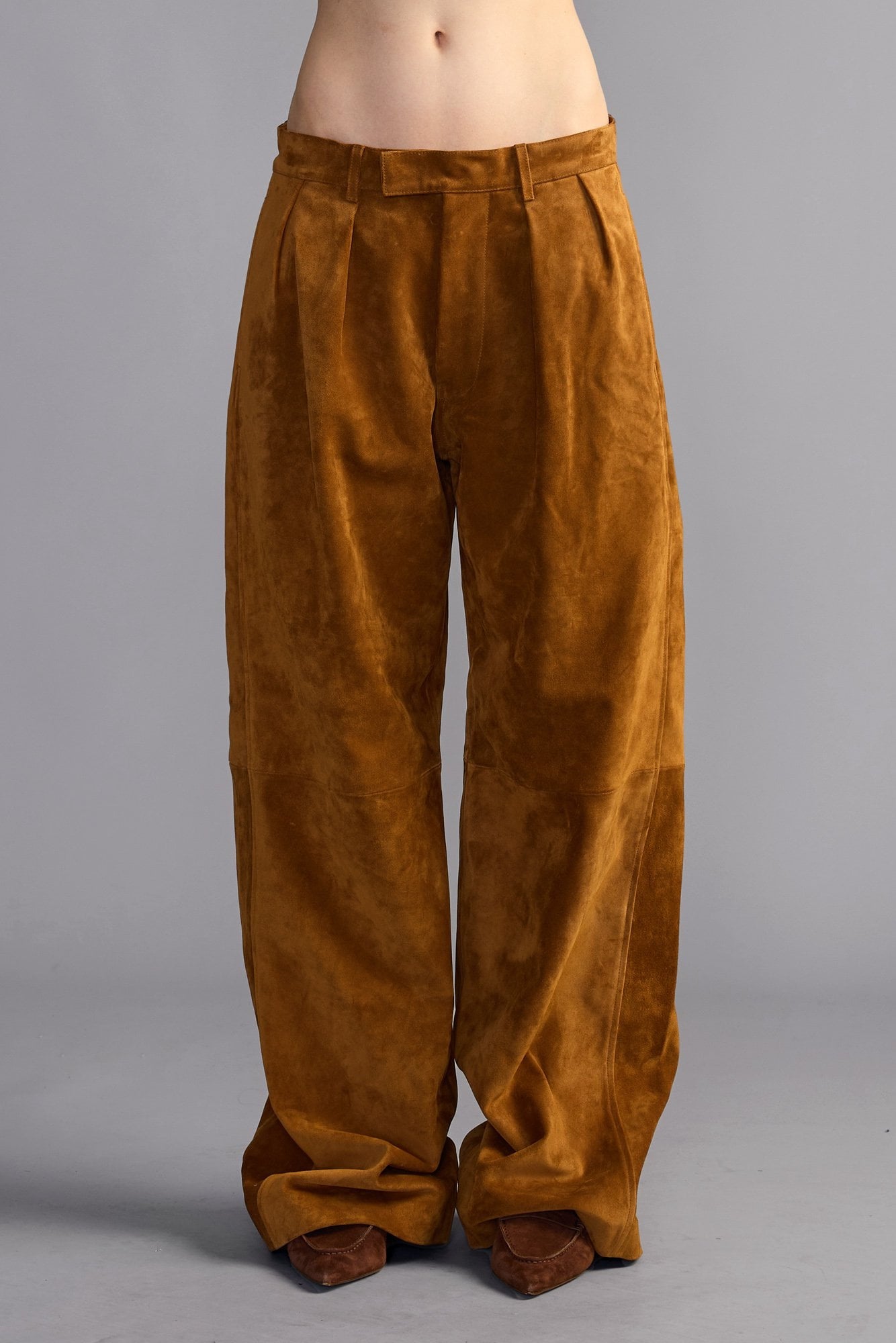 Pleated Wide Leg Leather Pant - Orange Brown Suede - R13