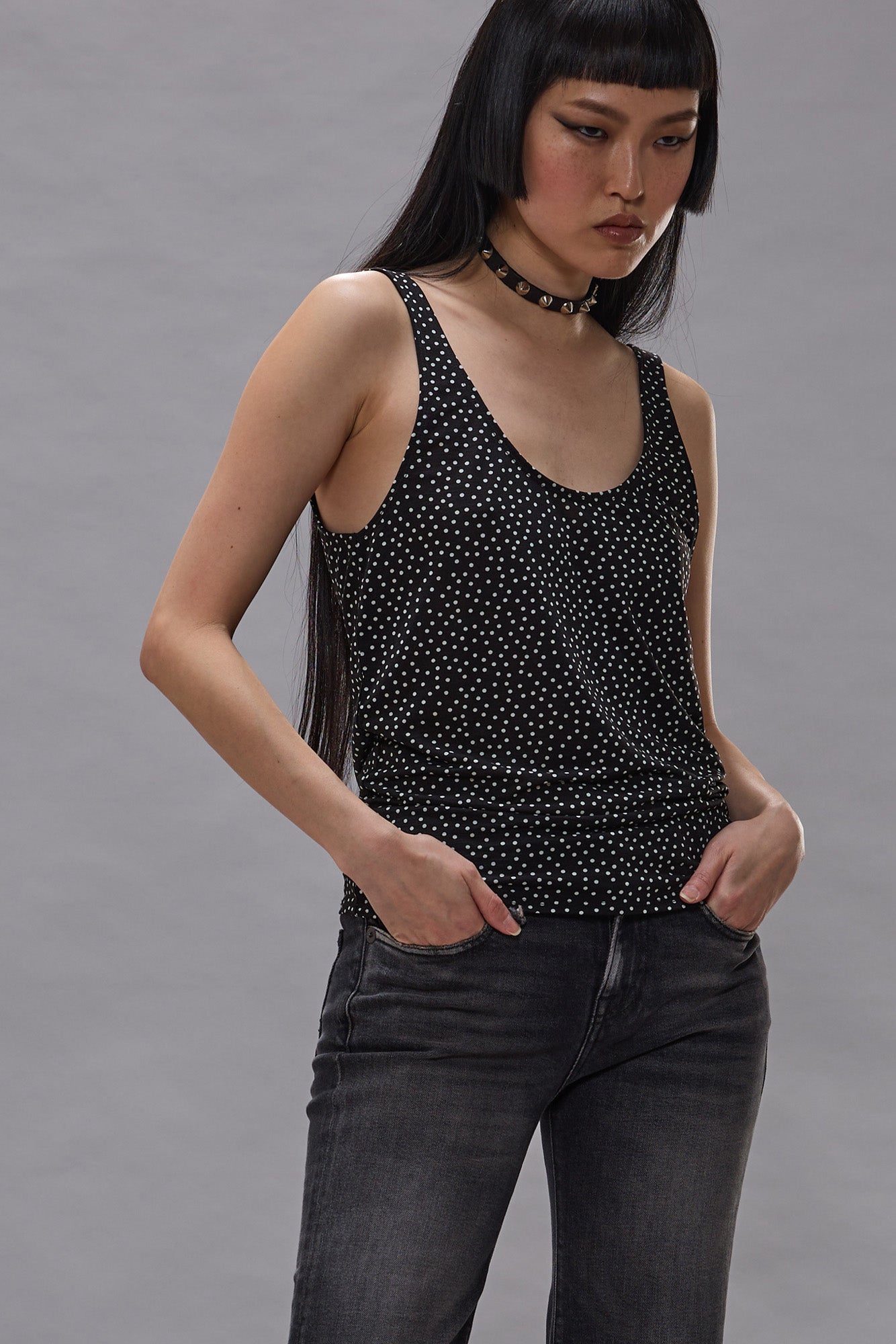 POLKADOT CAMI TEE - ECRU MINI POLKADOT ON BLACK