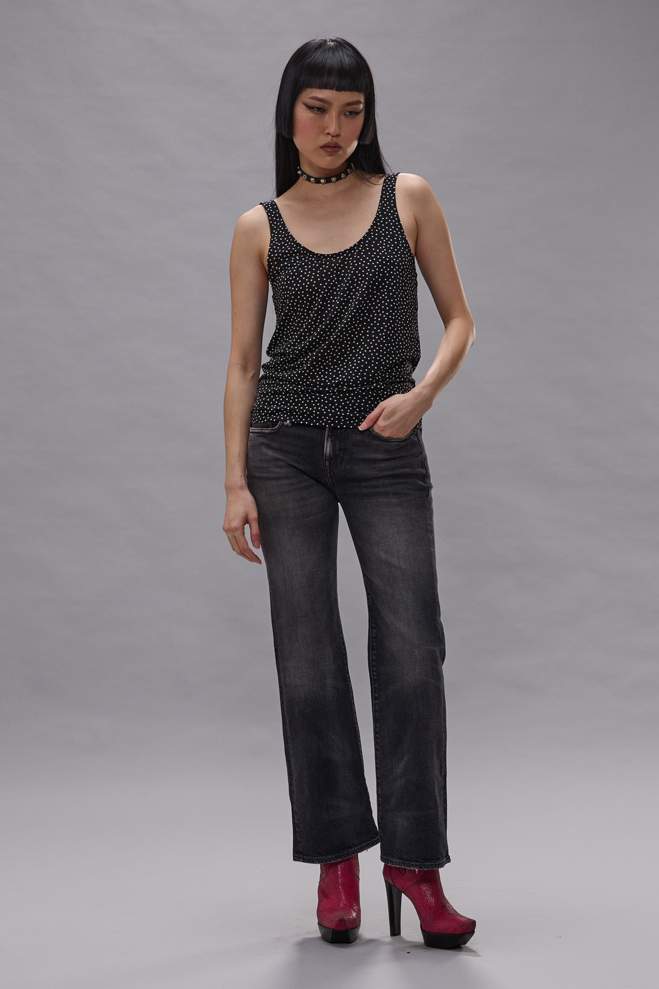 POLKADOT CAMI TEE - ECRU MINI POLKADOT ON BLACK - R13