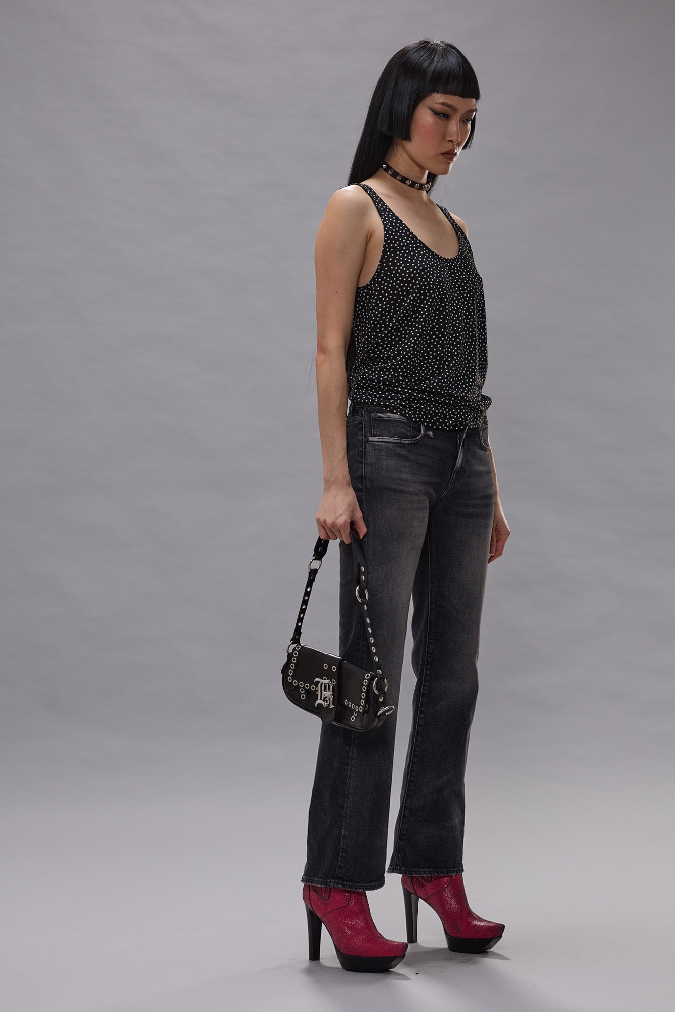 POLKADOT CAMI TEE - ECRU MINI POLKADOT ON BLACK - R13