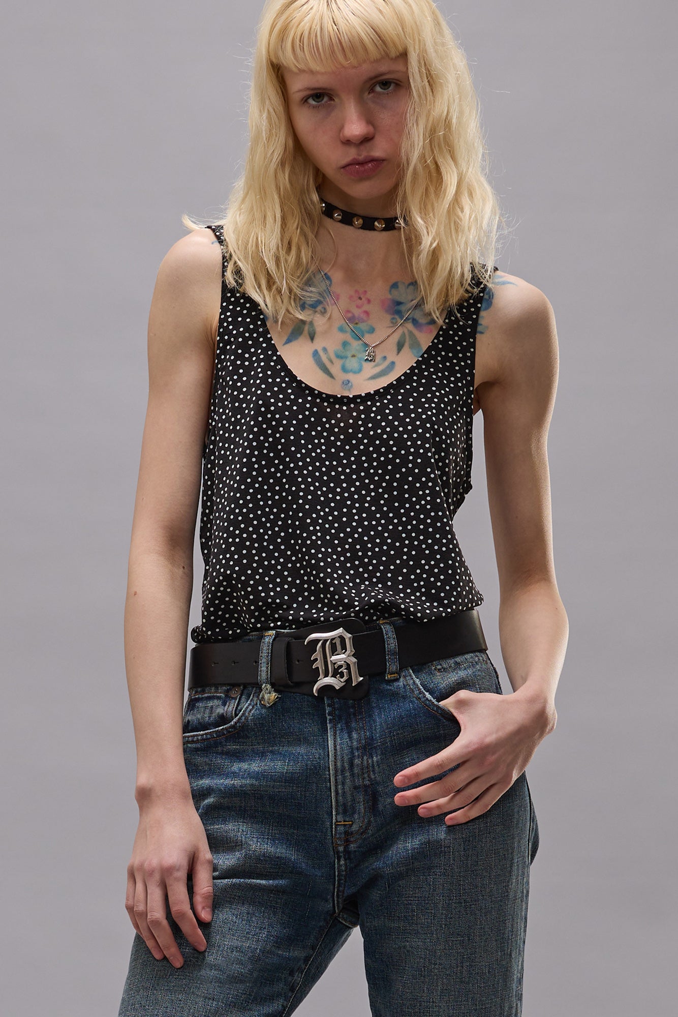 POLKADOT CAMI TEE - ECRU MINI POLKADOT ON BLACK - R13