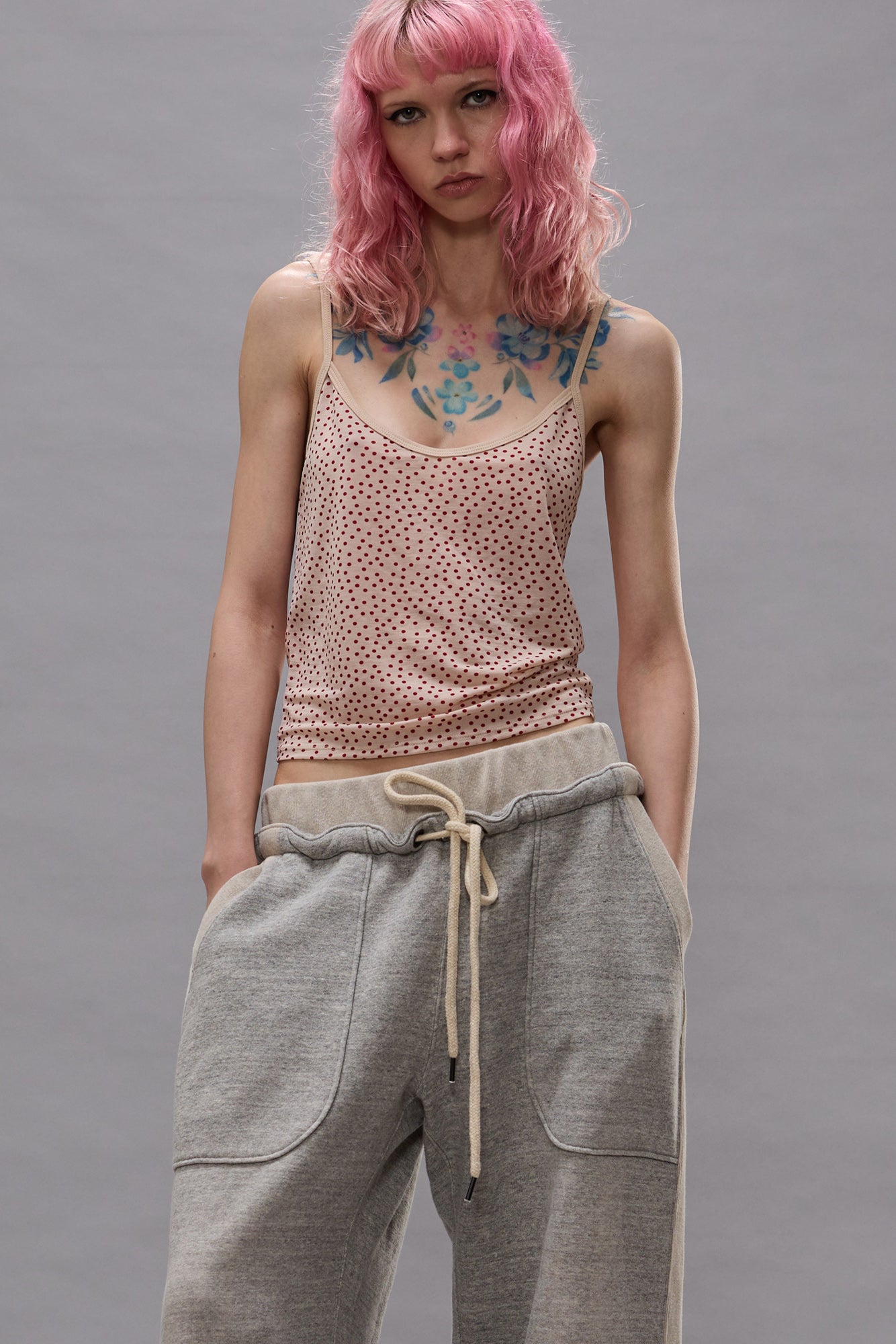 Polkadot Cami Tee - Red Mini Polkadot On Tan - R13