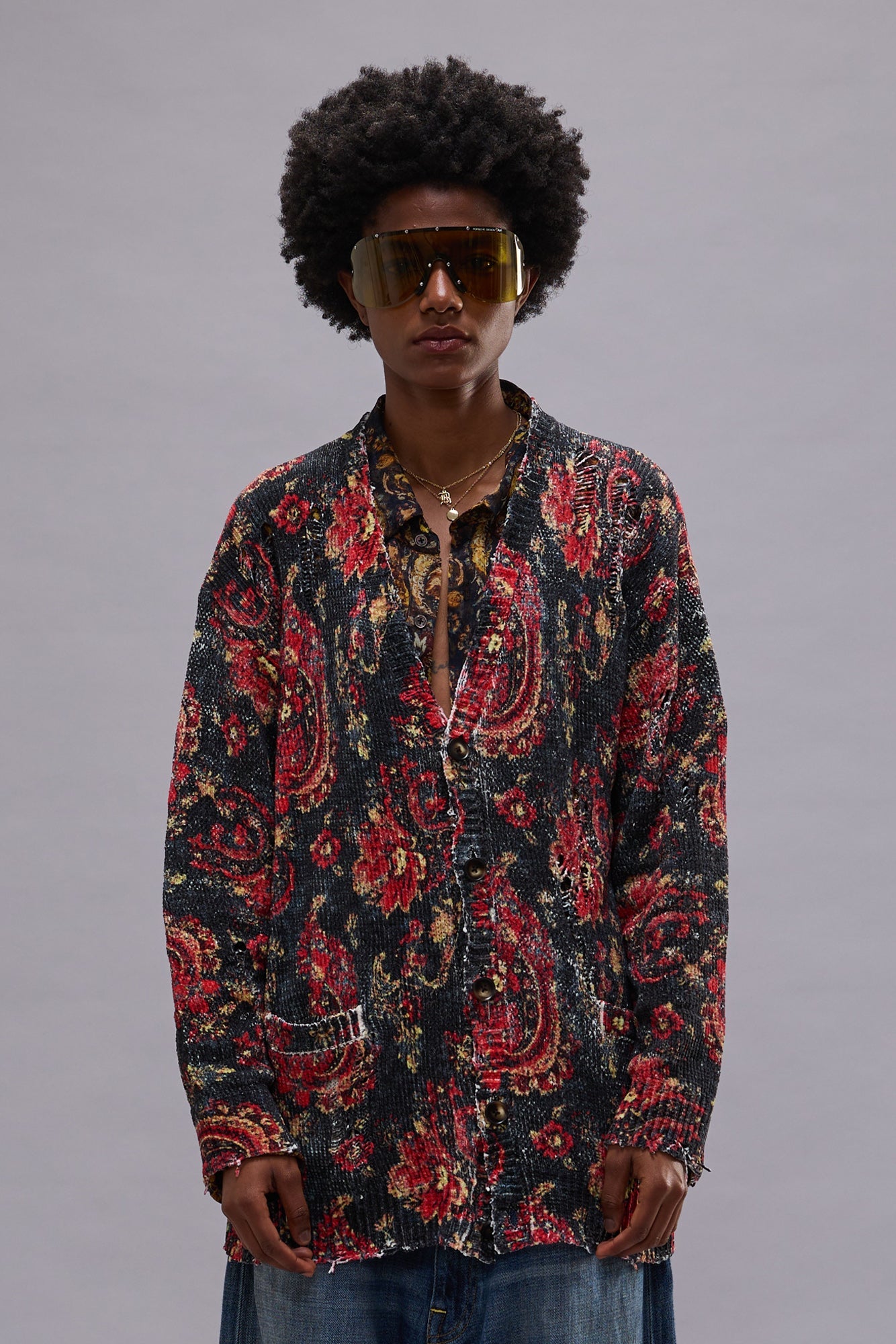 PRINTED BOYFRIEND CARDIGAN - BLACK RED MULTICOLOR - R13