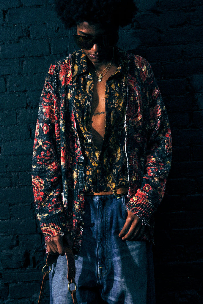Printed Boyfriend Cardigan - Black Red Multicolor