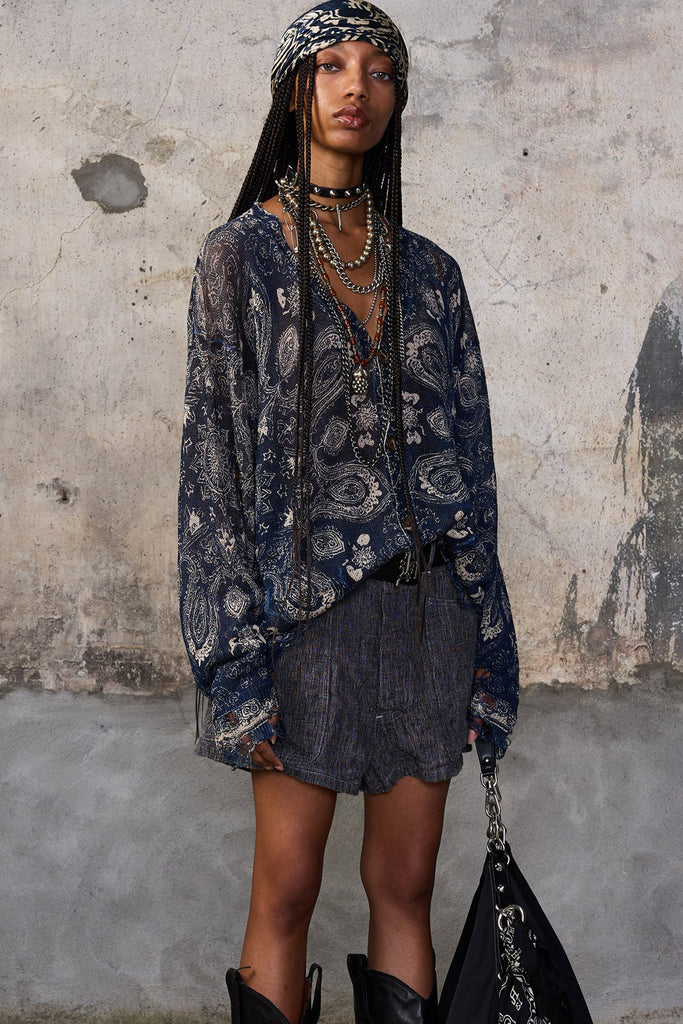 PRINTED BOYFRIEND CARDIGAN - BLUE BANDANA