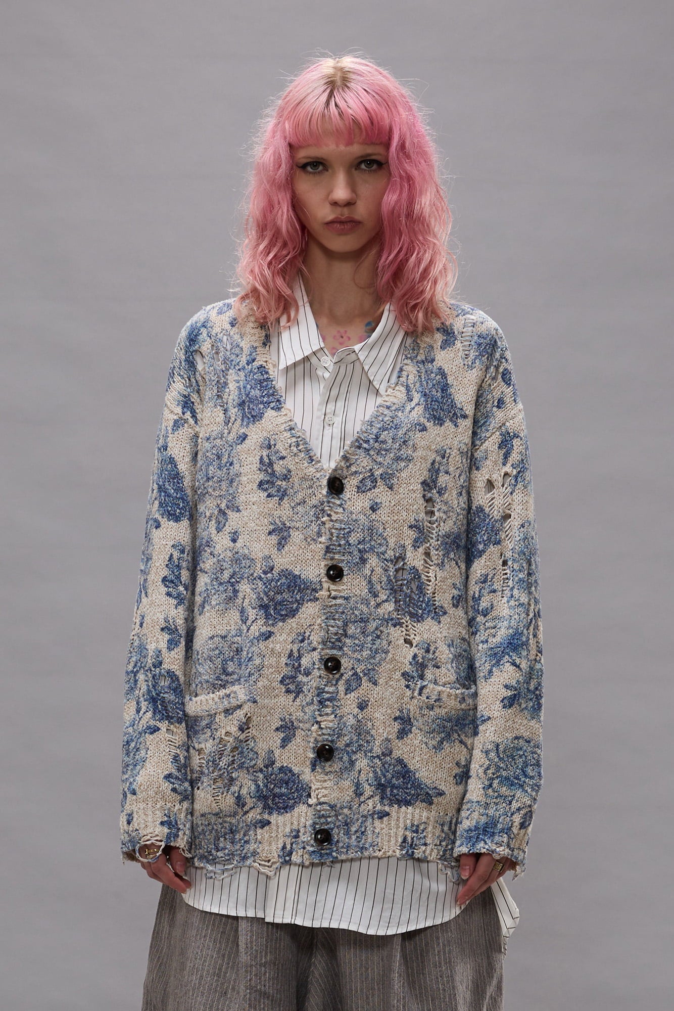 Printed Boyfriend Cardigan - Blue Floral - R13
