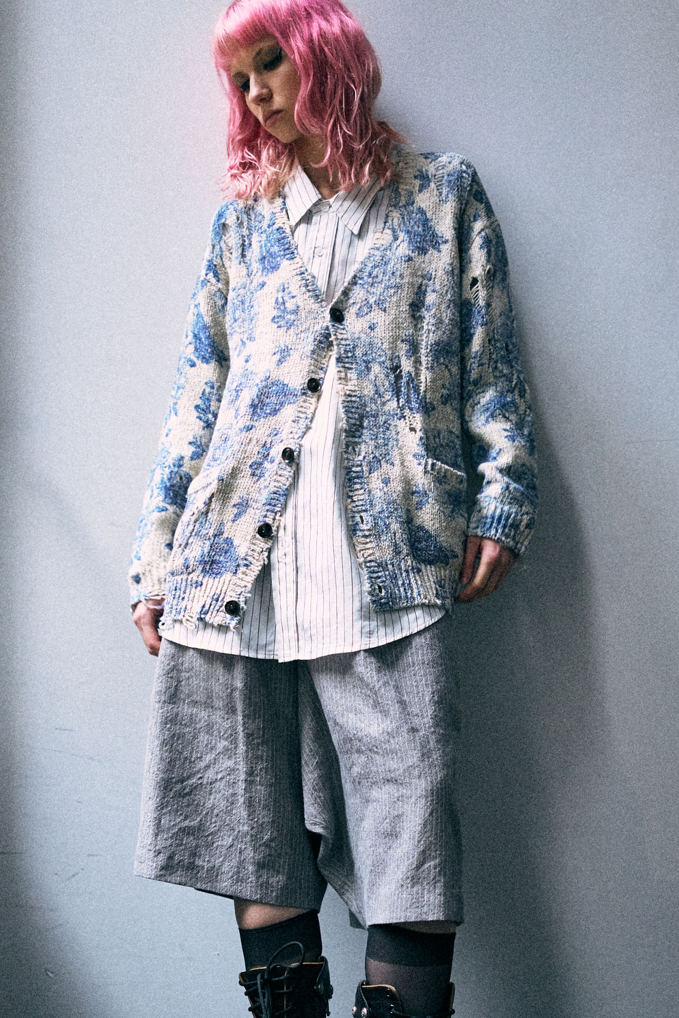 Printed Boyfriend Cardigan - Blue Floral - R13