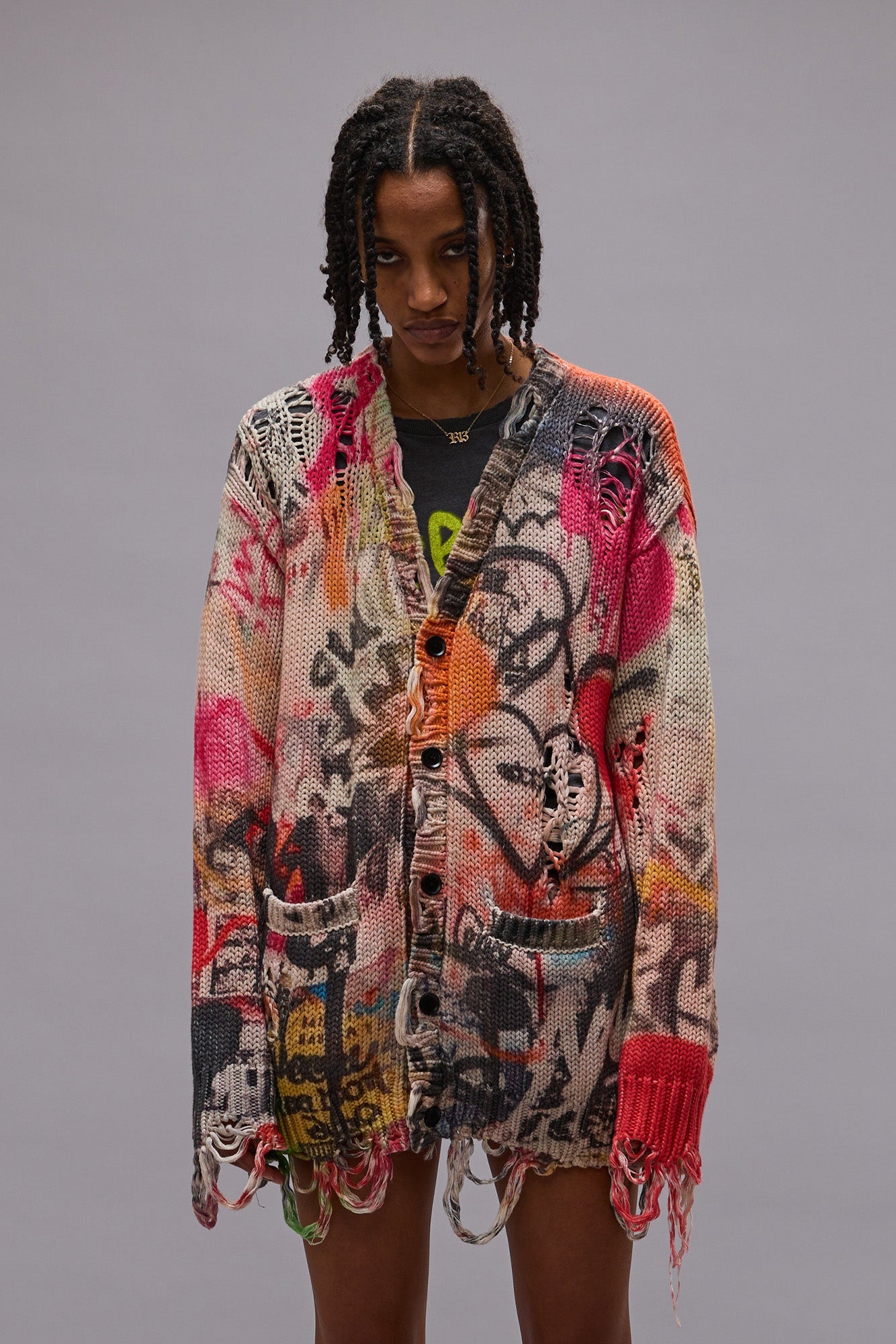 Printed Boyfriend Cardigan - Heart Graffiti Print - R13