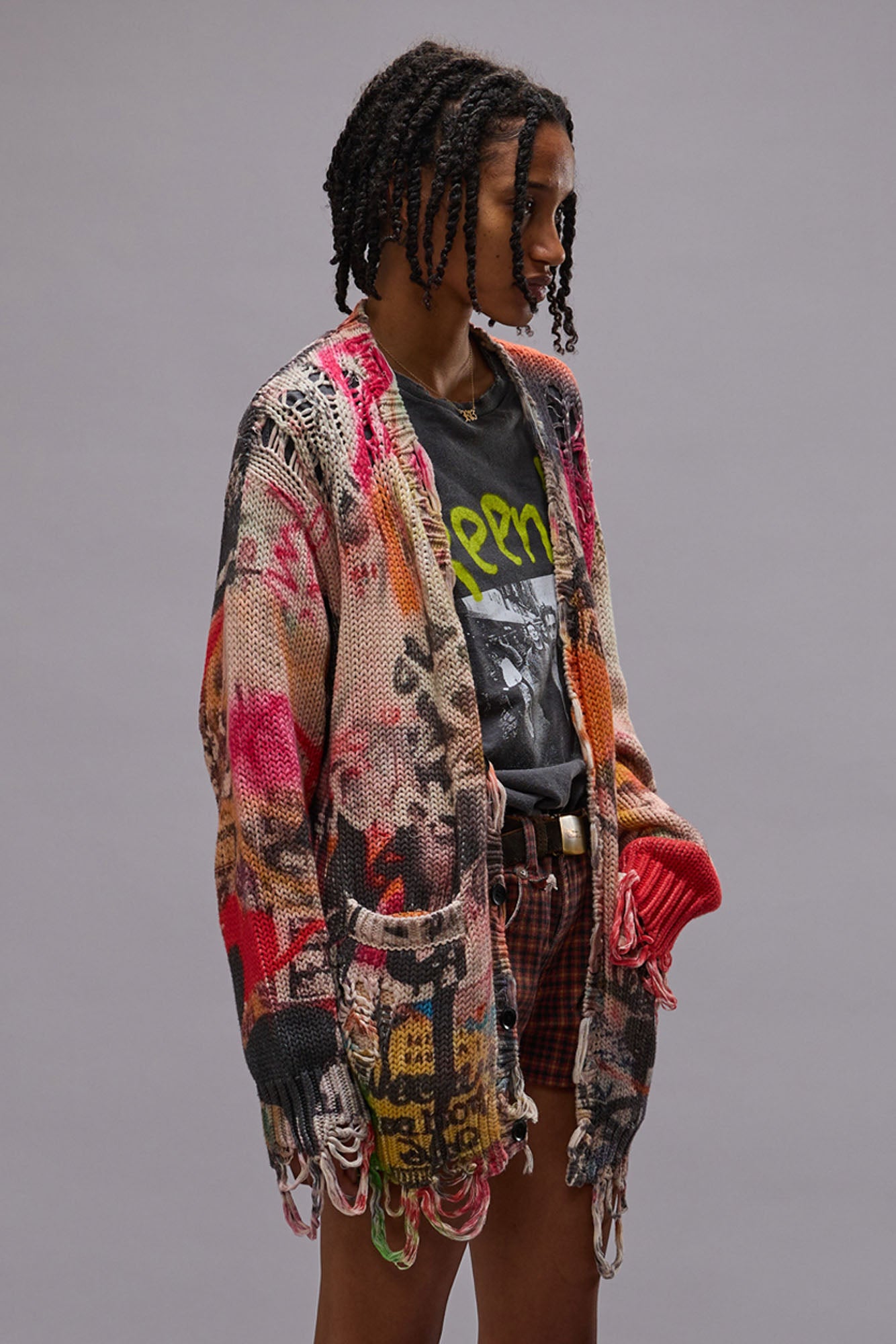 Printed Boyfriend Cardigan - Heart Graffiti Print - R13
