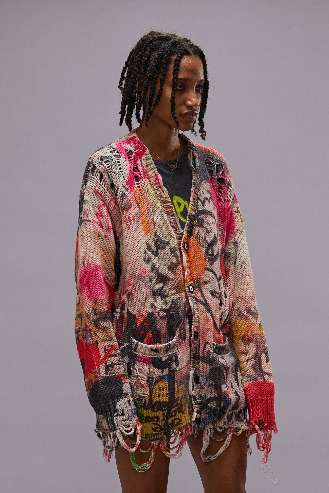 Printed Boyfriend Cardigan - Heart Graffiti Print - R13