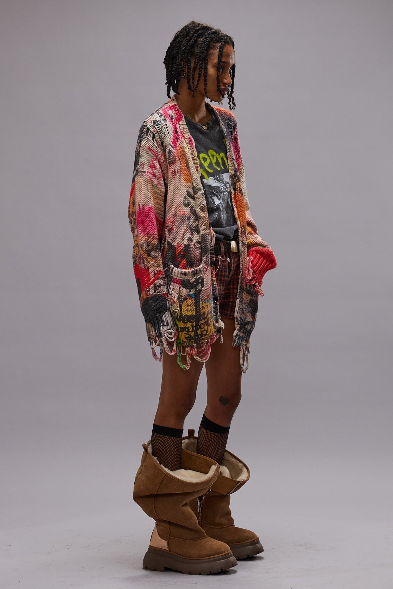 Printed Boyfriend Cardigan - Heart Graffiti Print - R13