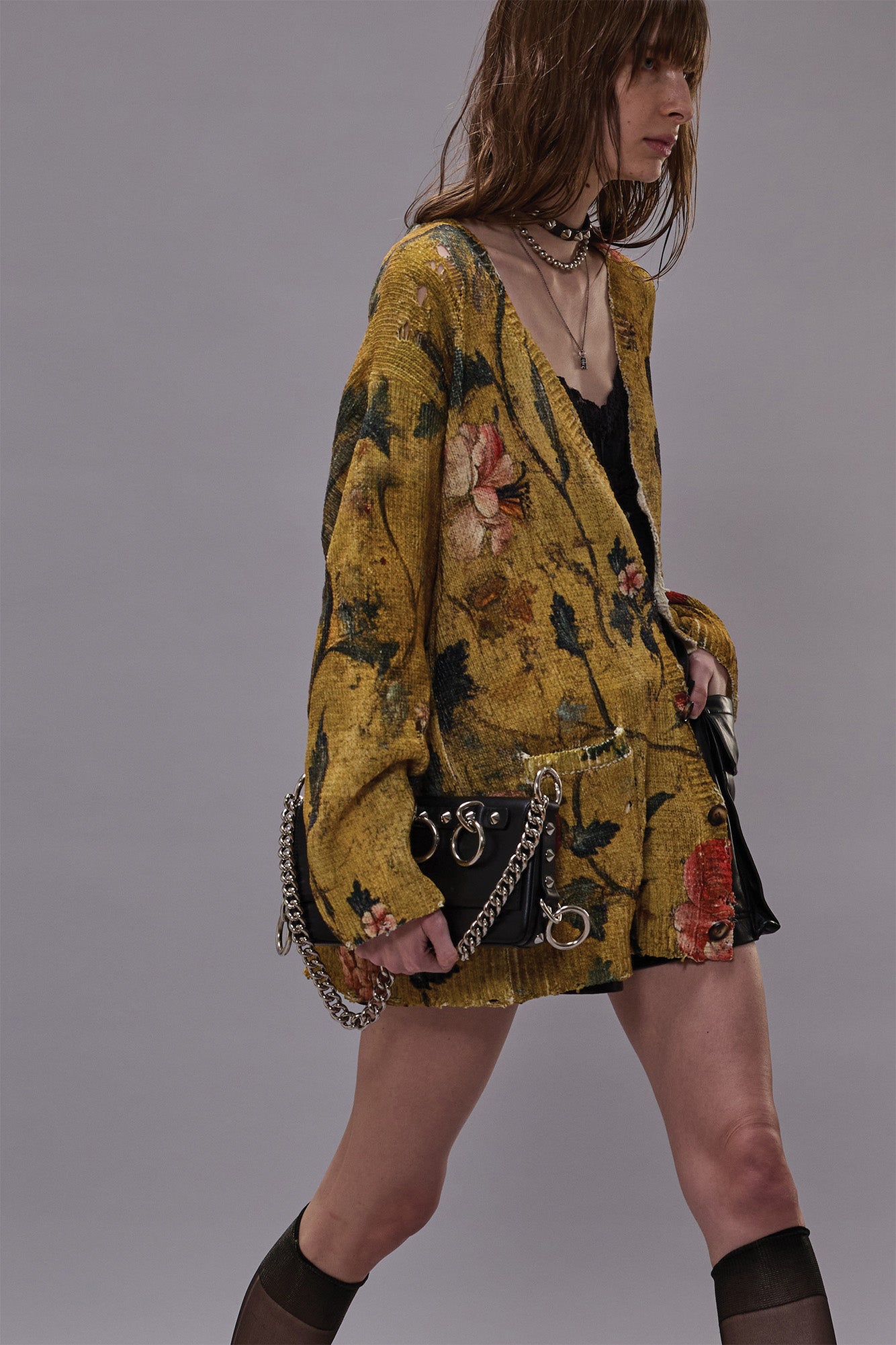 PRINTED BOYFRIEND CARDIGAN - OCHRE FLORAL - R13