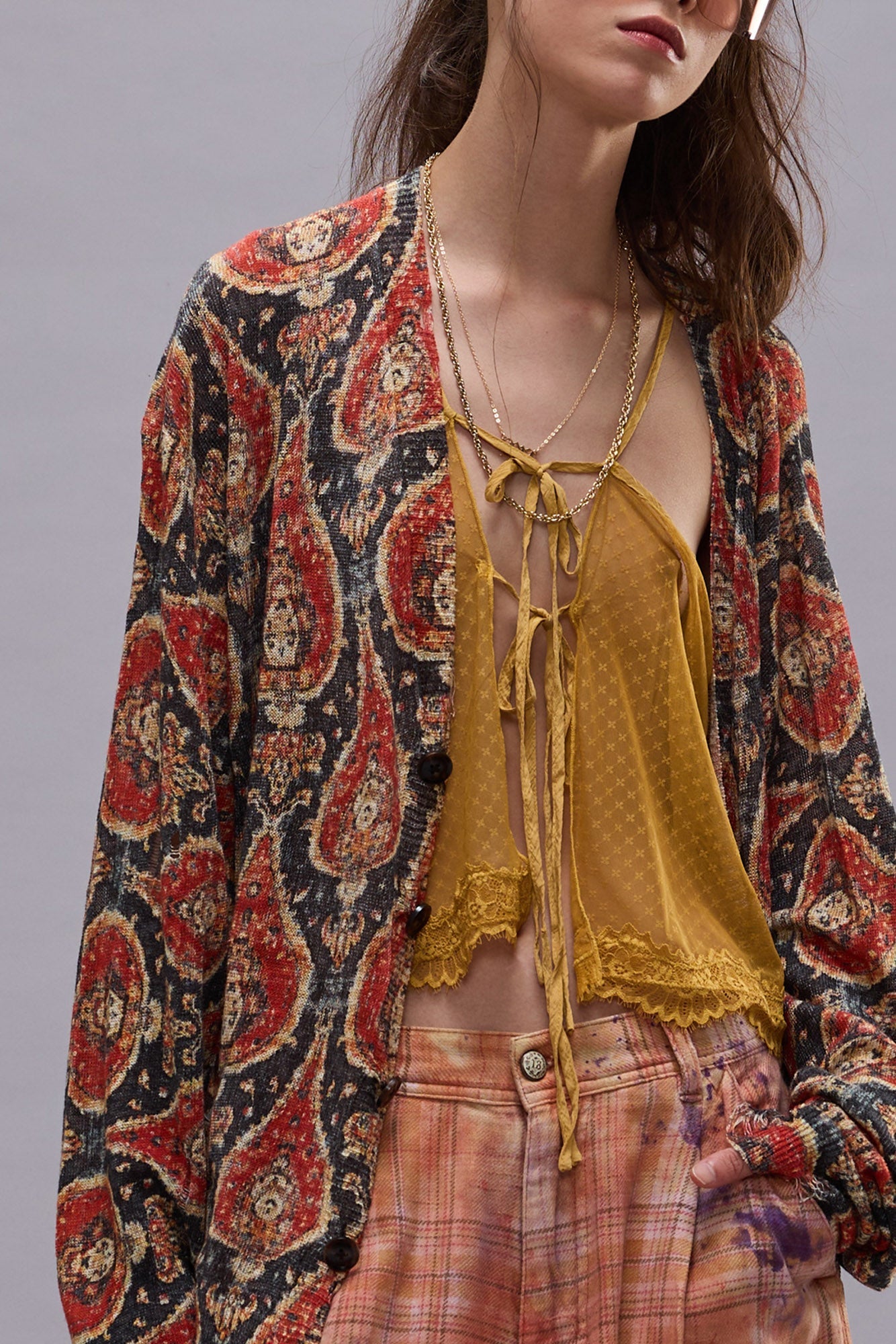 PRINTED BOYFRIEND CARDIGAN - ORANGE MULTICOLOR - R13