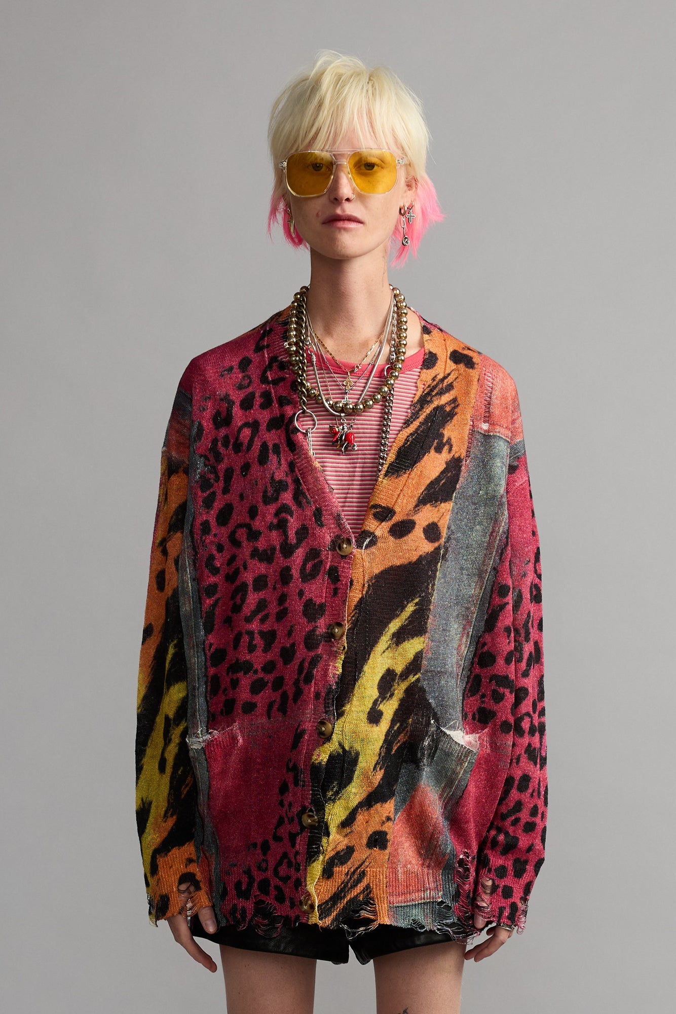 PRINTED BOYFRIEND CARDIGAN - PINK ORANGE MULTICOLOR - R13