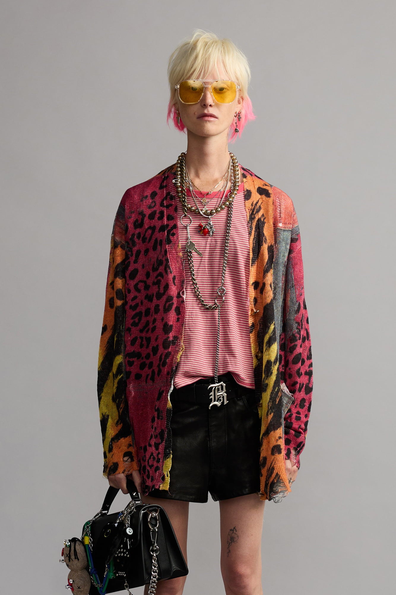 PRINTED BOYFRIEND CARDIGAN - PINK ORANGE MULTICOLOR