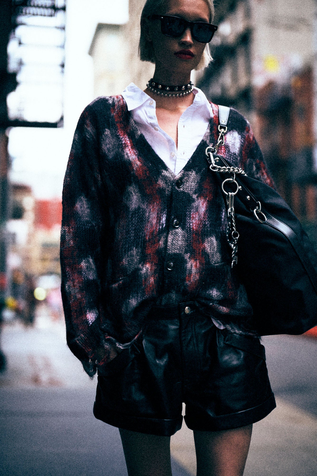 PRINTED BOYFRIEND CARDIGAN - RED BLACK WHITE - R13