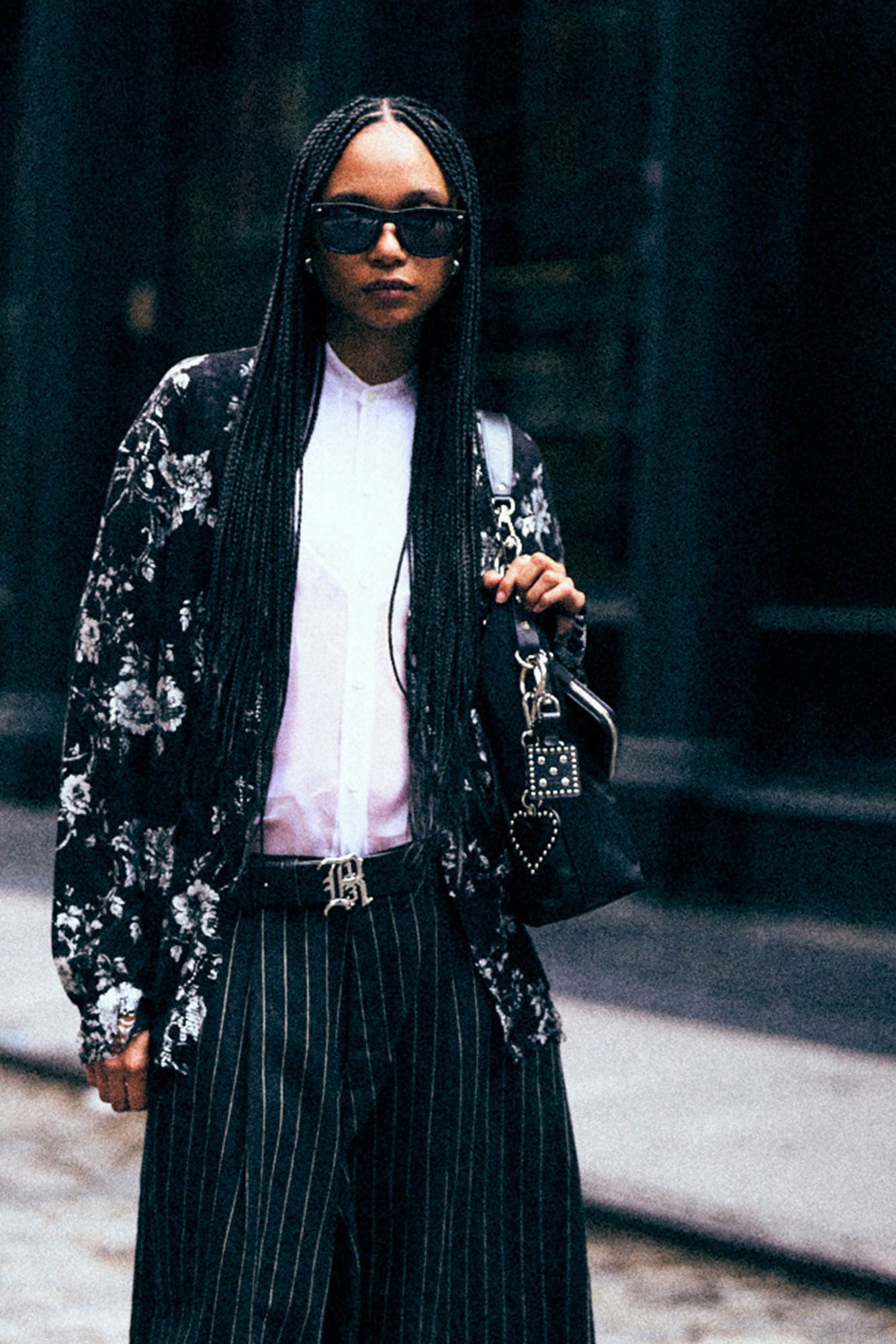 PRINTED BOYFRIEND CARDIGAN - SILVER FLORAL ON BLACK