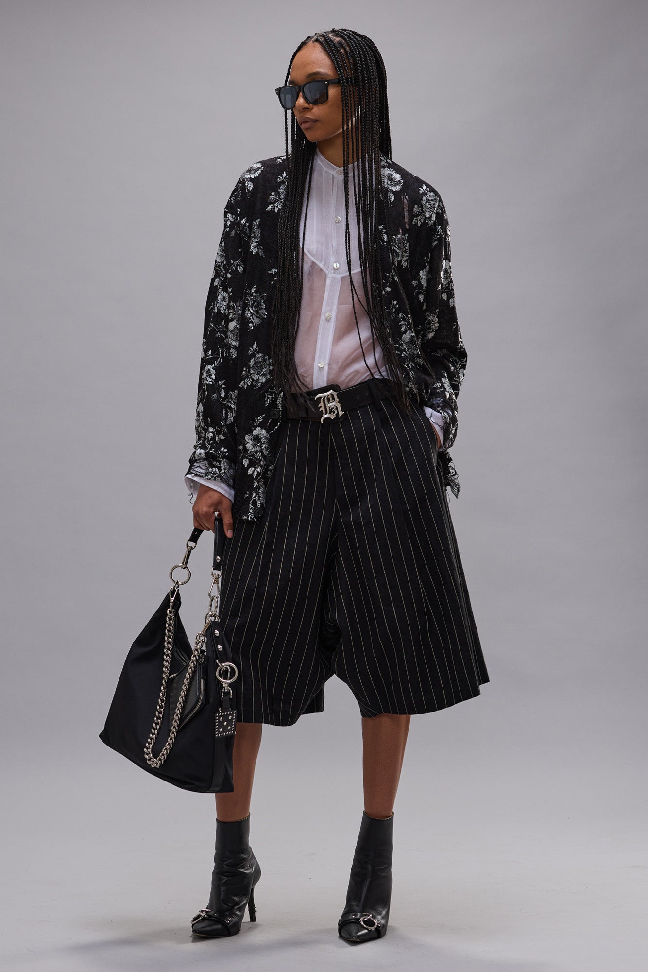 PRINTED BOYFRIEND CARDIGAN - SILVER FLORAL ON BLACK - R13