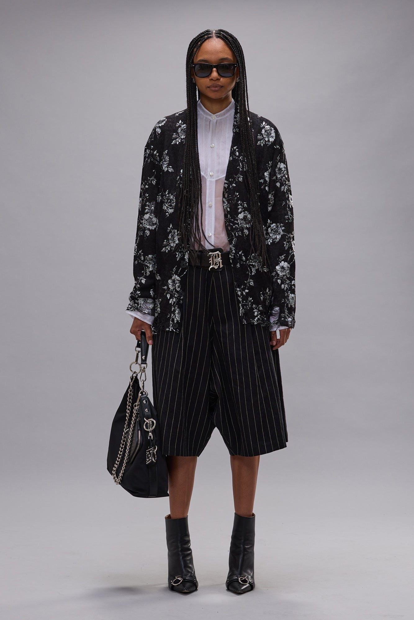 PRINTED BOYFRIEND CARDIGAN - SILVER FLORAL ON BLACK - R13