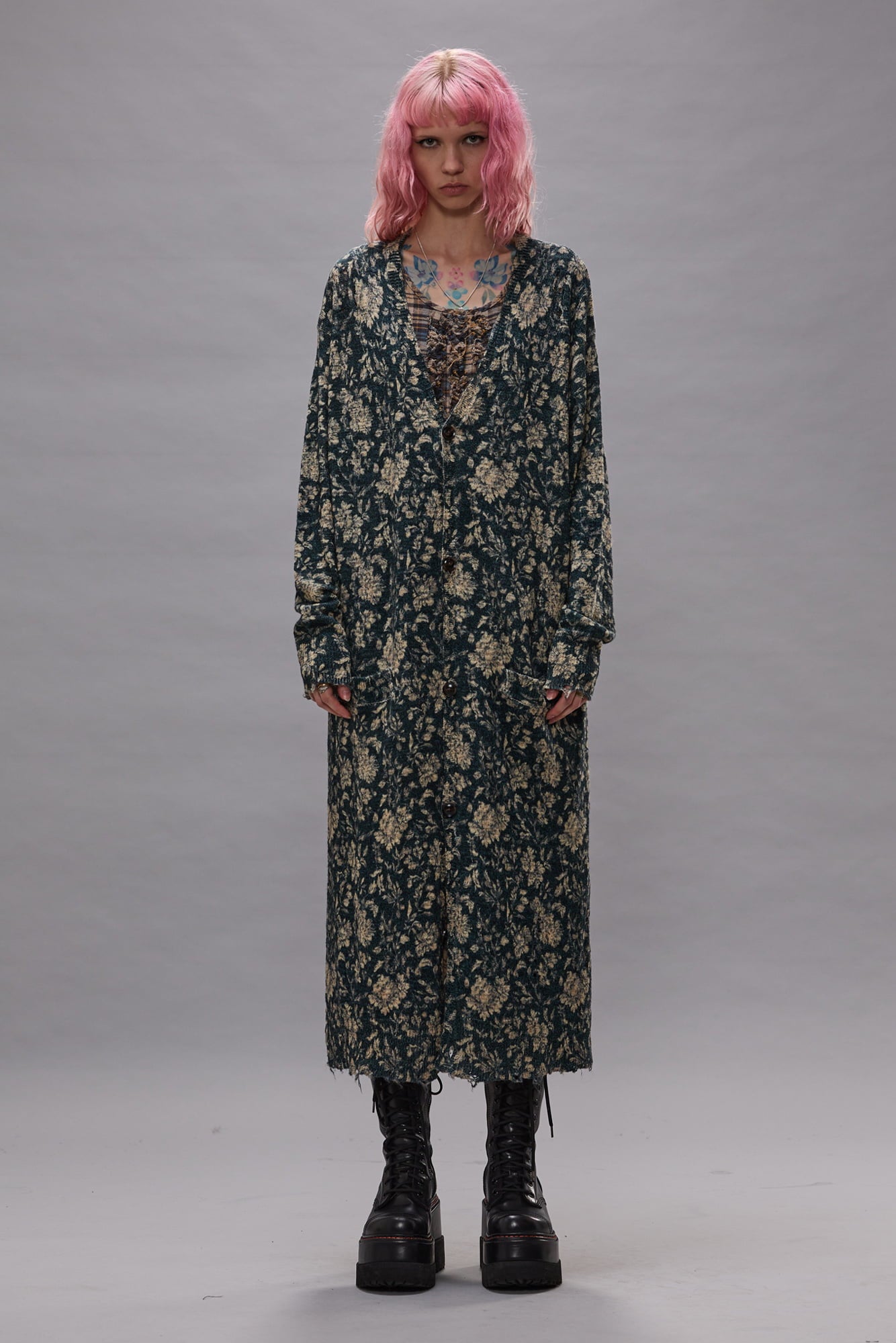 Printed Long Cardigan - Dark Blue Floral - R13