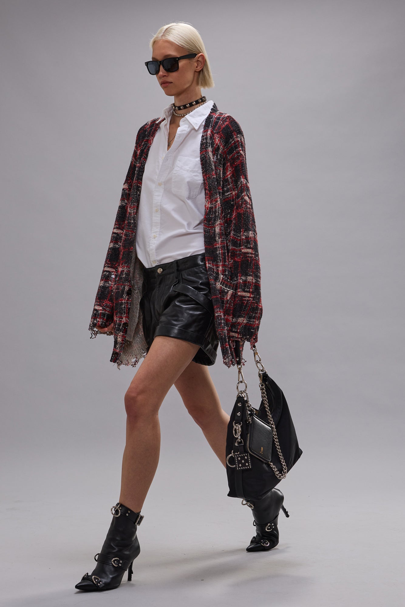 PRINTED OVERSIZED CARDIGAN - BLACK RED WHITE PLAID - R13