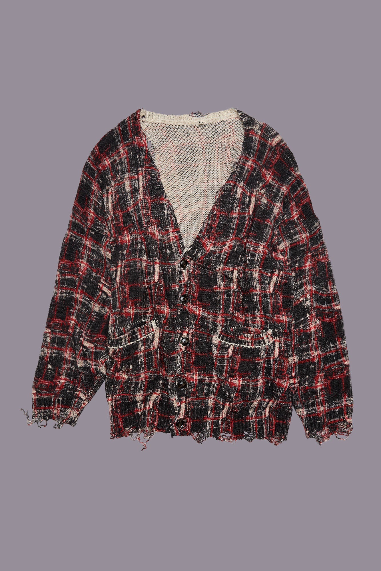 PRINTED OVERSIZED CARDIGAN - BLACK RED WHITE PLAID - R13