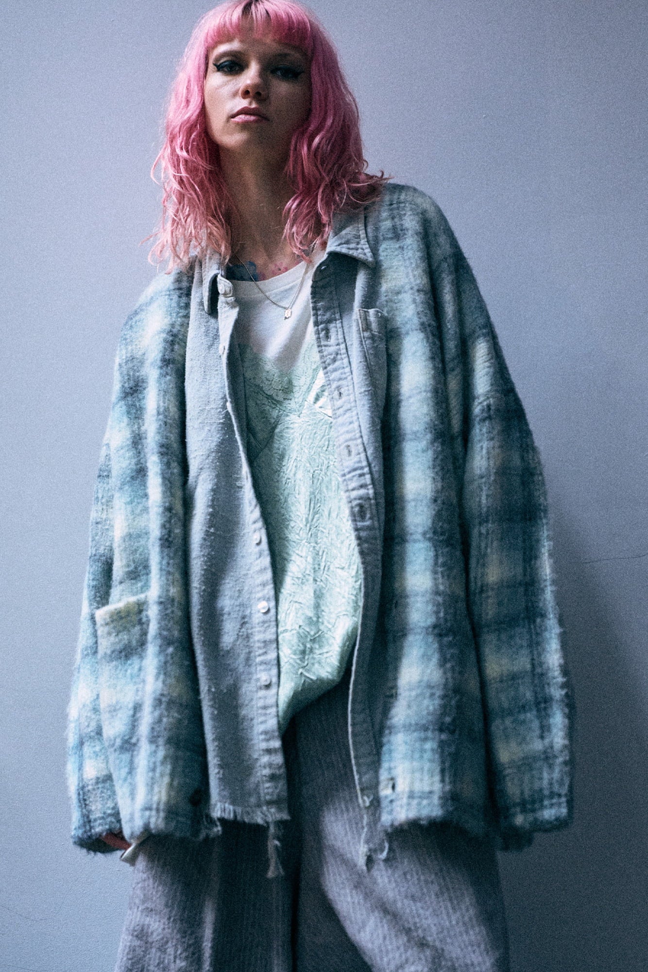 Printed Oversized Cardigan - Blue Plaid - R13