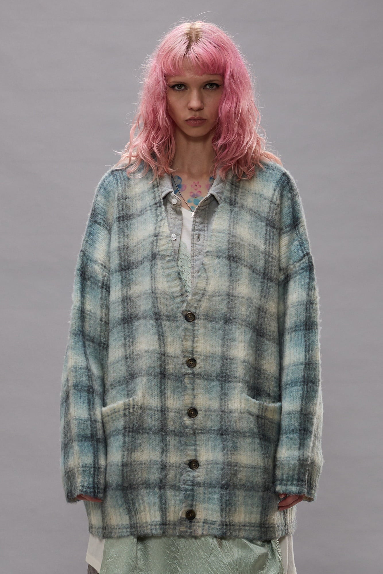 Printed Oversized Cardigan - Blue Plaid - R13
