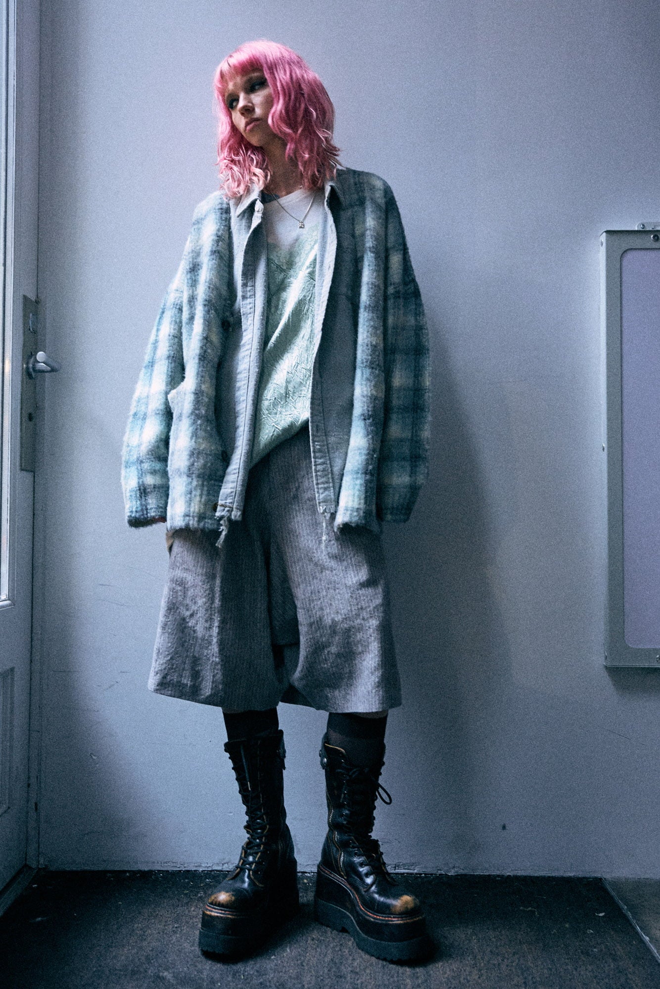 Printed Oversized Cardigan - Blue Plaid - R13