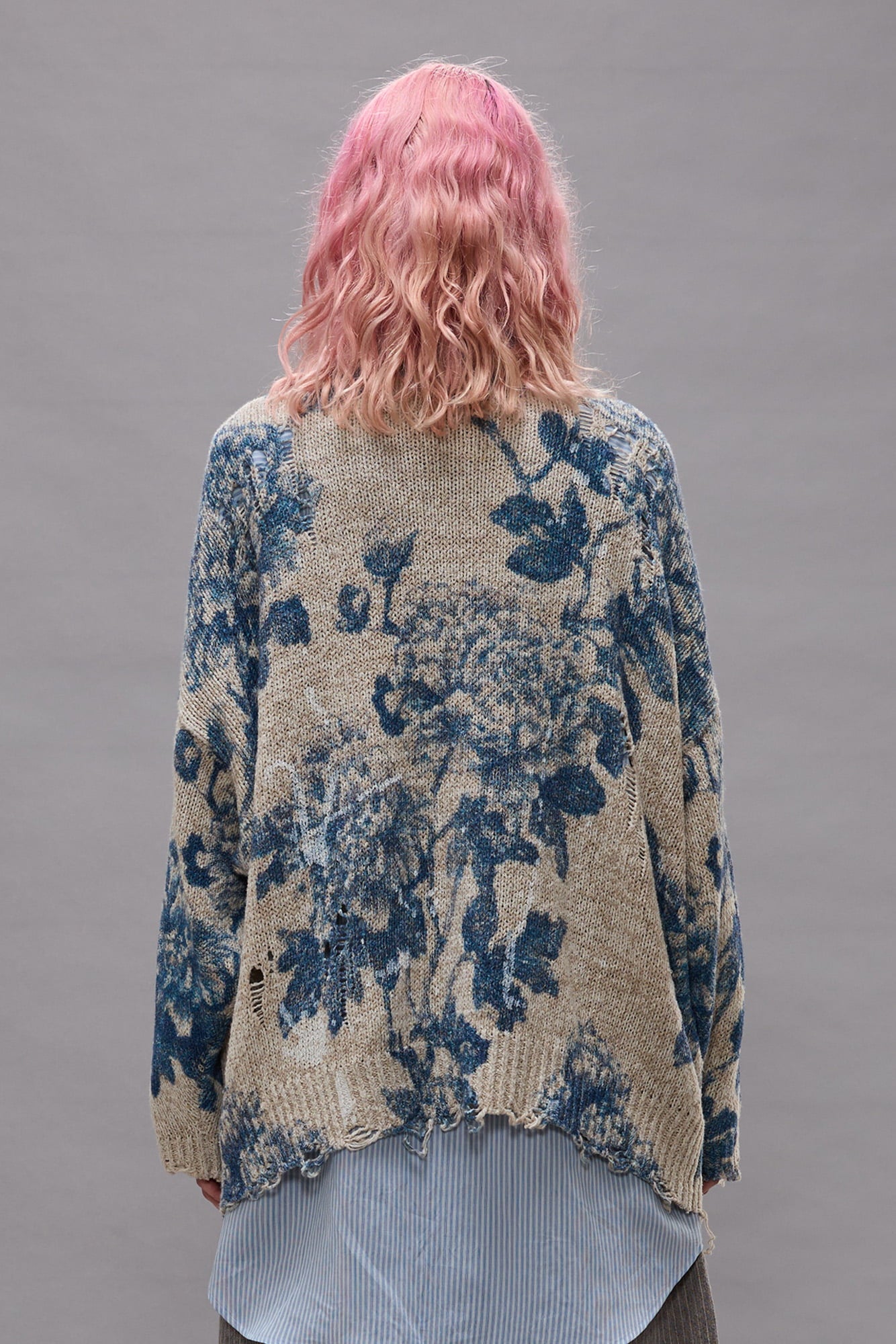 Printed Oversized Cardigan - Faded Blue Floral Colorblock - R13