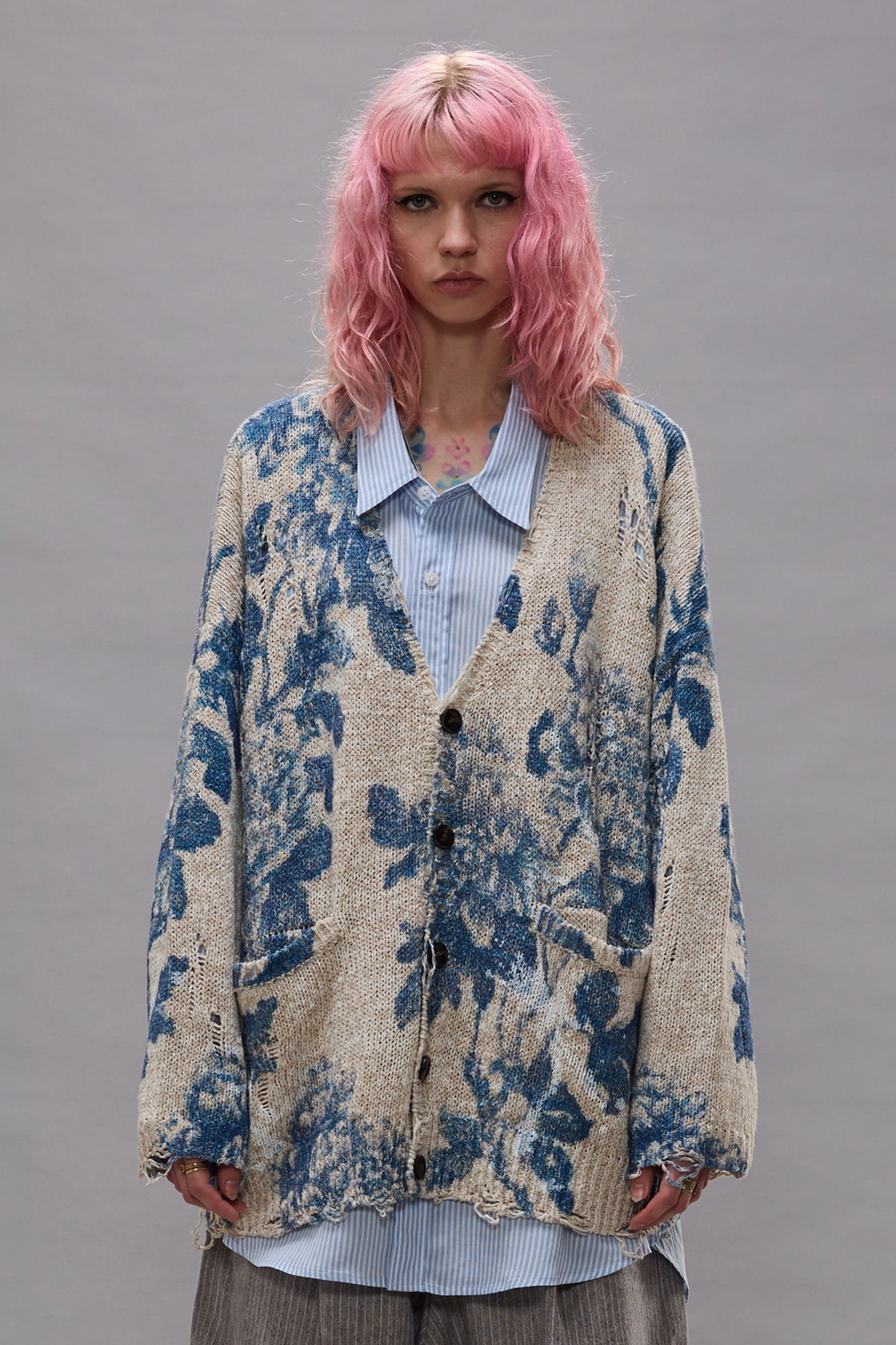 Printed Oversized Cardigan - Faded Blue Floral Colorblock - R13