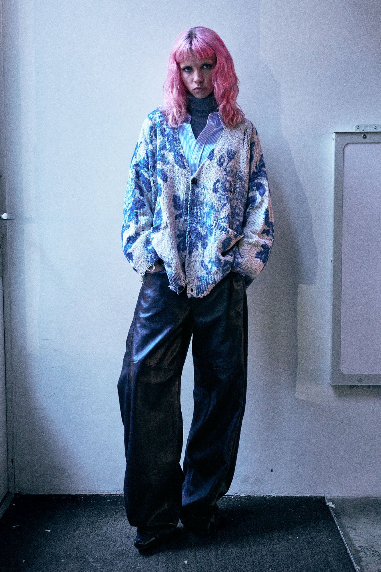 Printed Oversized Cardigan - Faded Blue Floral Colorblock - R13