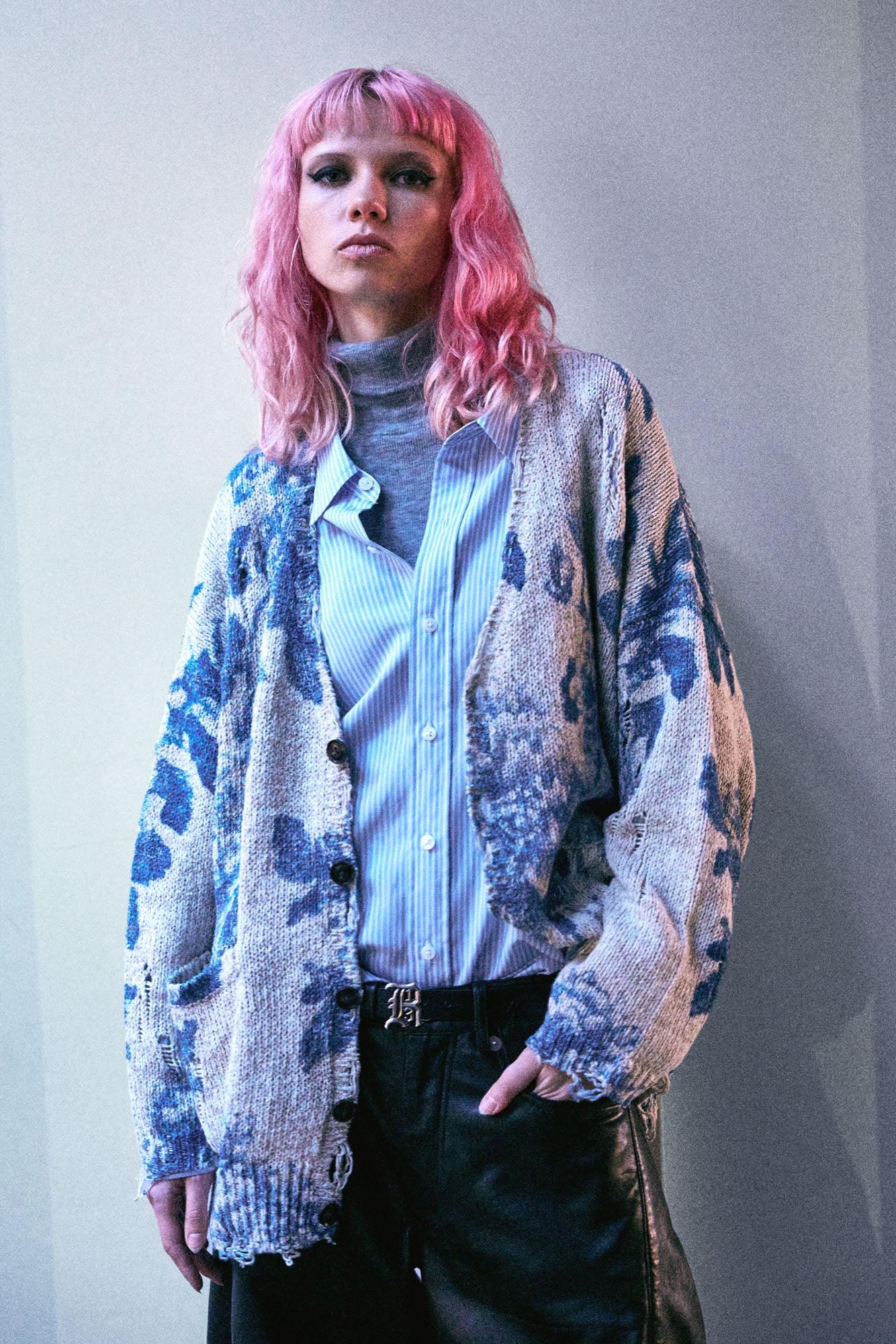 Printed Oversized Cardigan - Faded Blue Floral Colorblock - R13