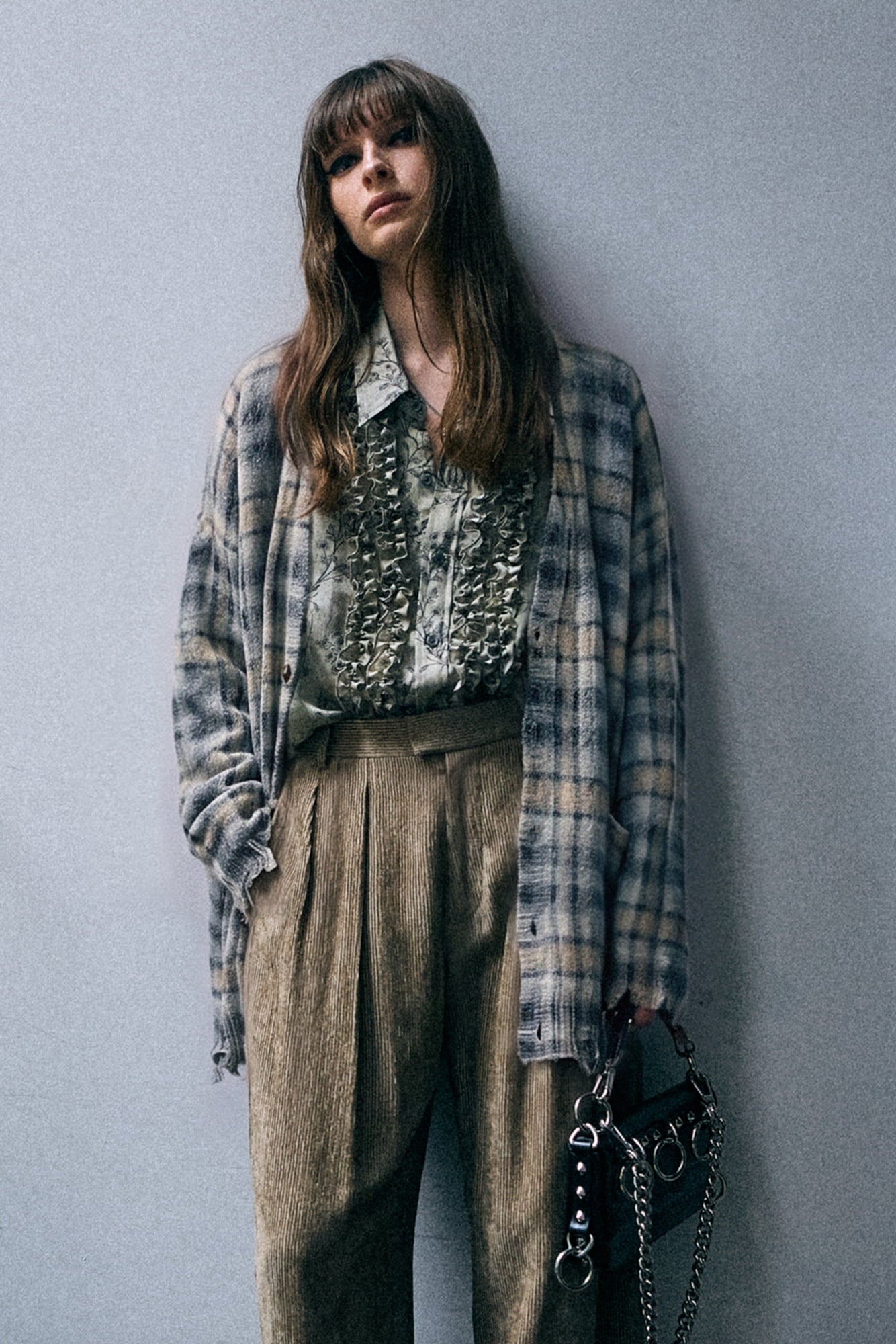 Printed Oversized Cardigan - Grey Black Plaid