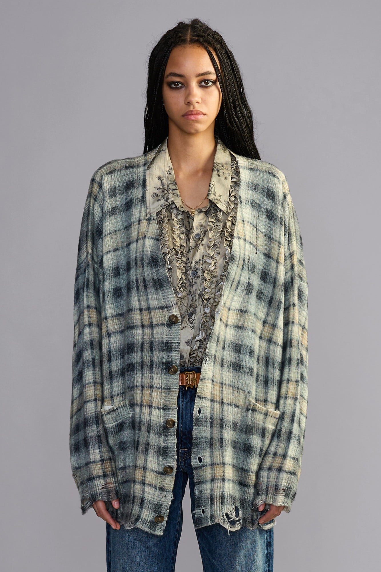 Printed Oversized Cardigan - Grey Black Plaid - R13