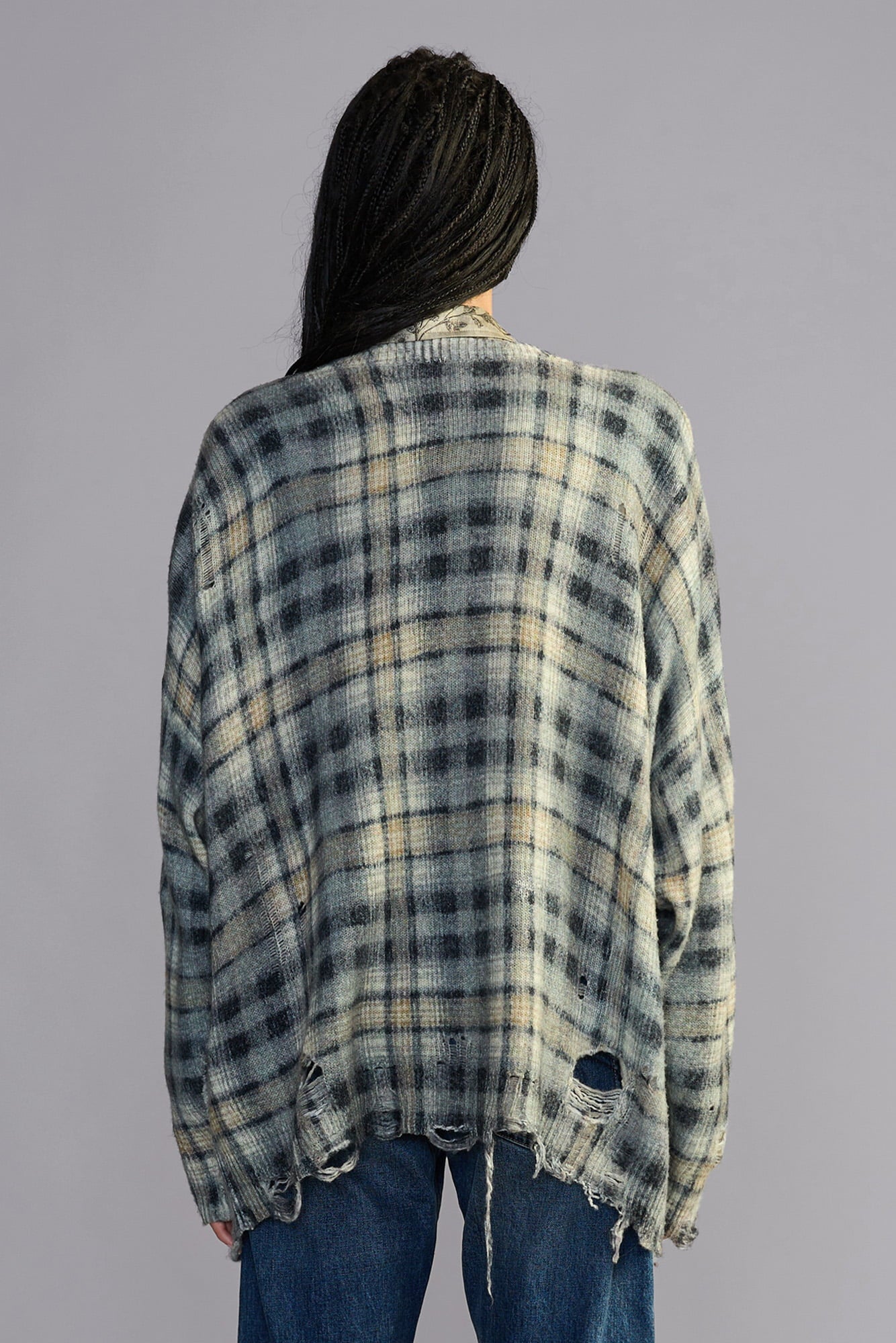 Printed Oversized Cardigan - Grey Black Plaid - R13