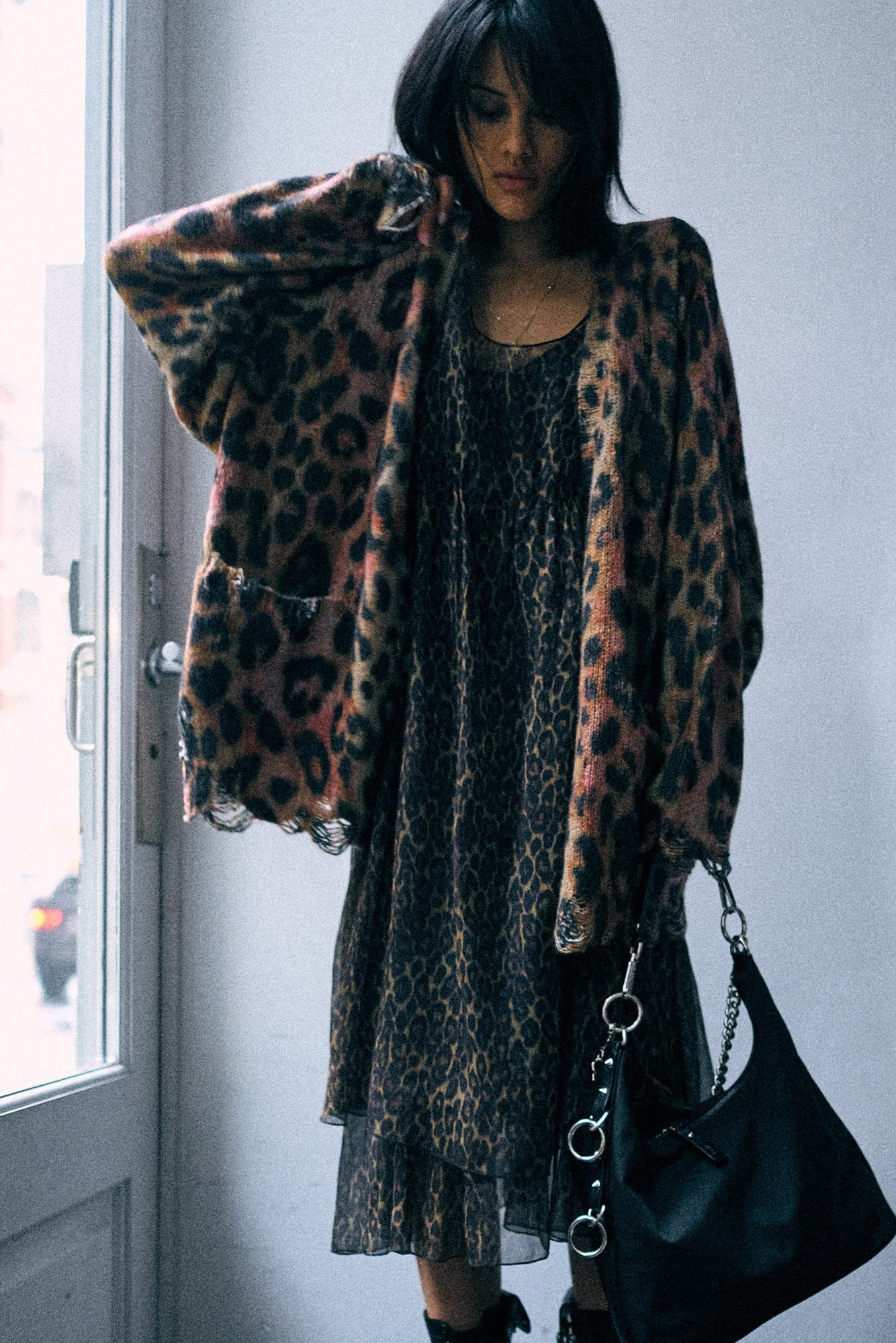 Printed Oversized Cardigan - Light Brown Pink Leopard - R13