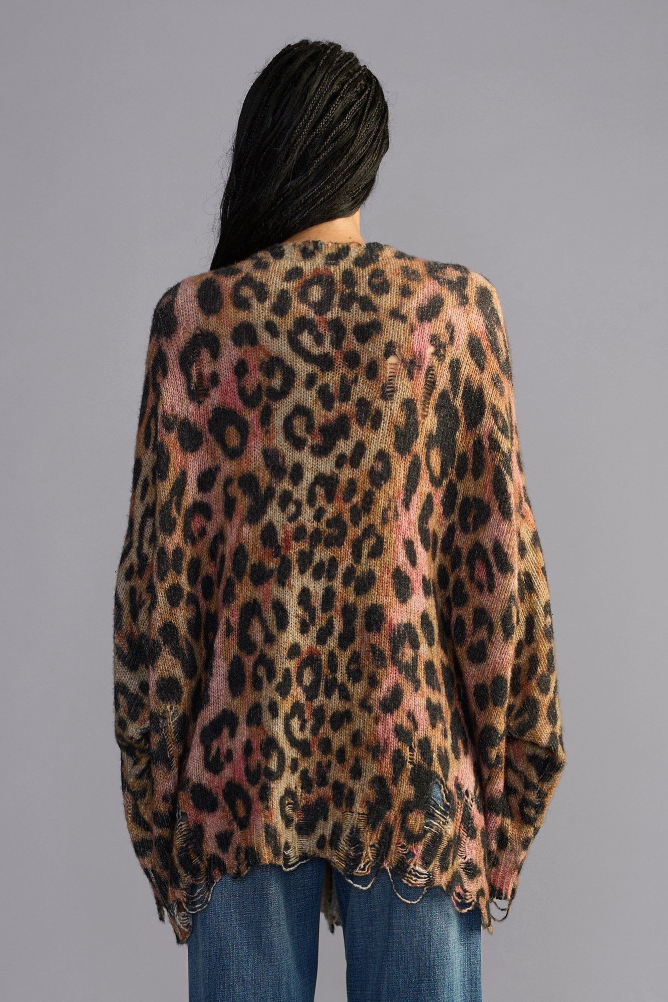 Printed Oversized Cardigan - Light Brown Pink Leopard - R13