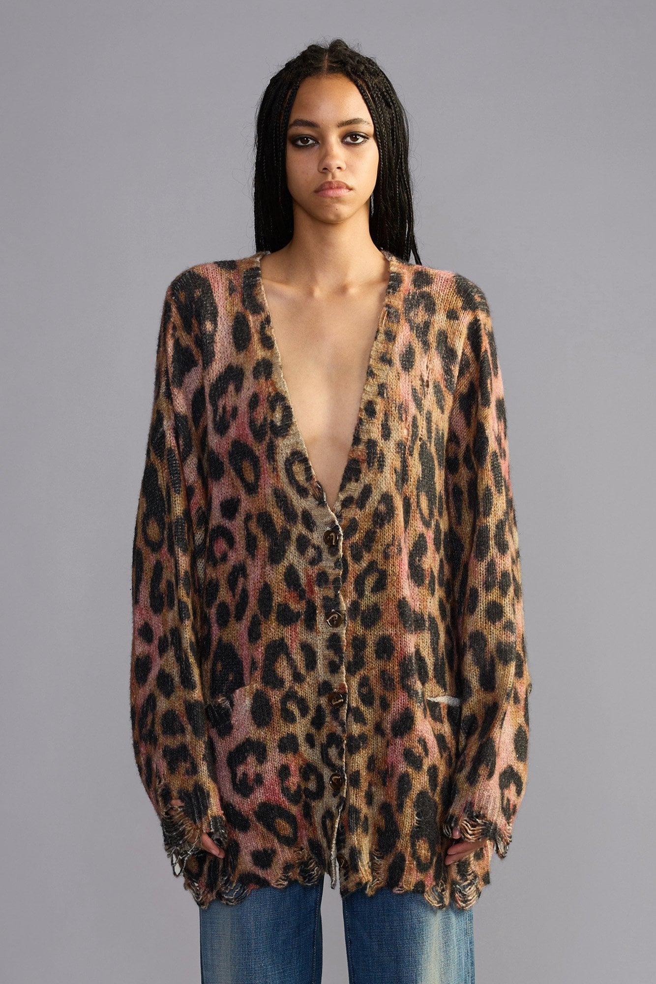 Printed Oversized Cardigan - Light Brown Pink Leopard - R13