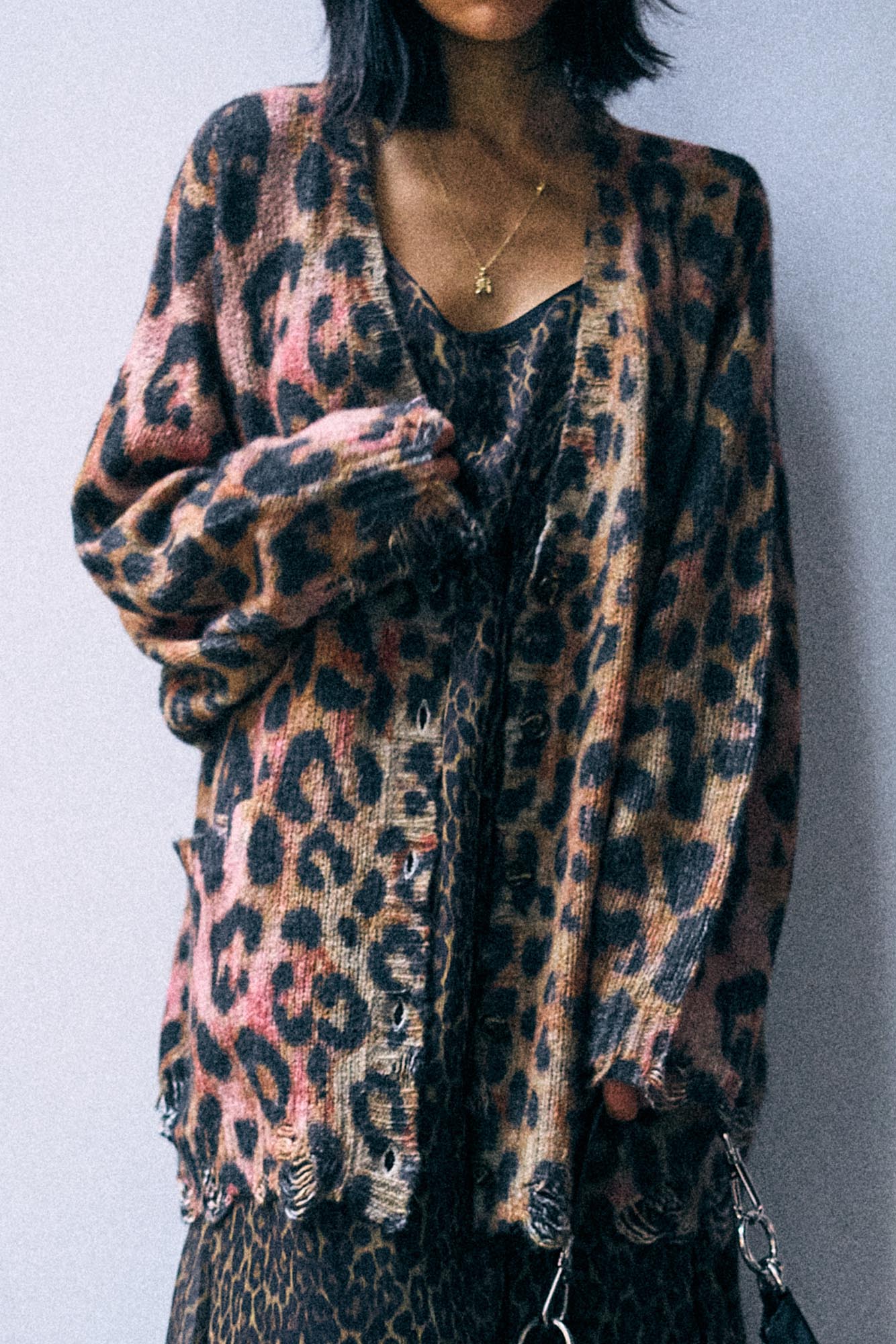 Printed Oversized Cardigan - Light Brown Pink Leopard - R13