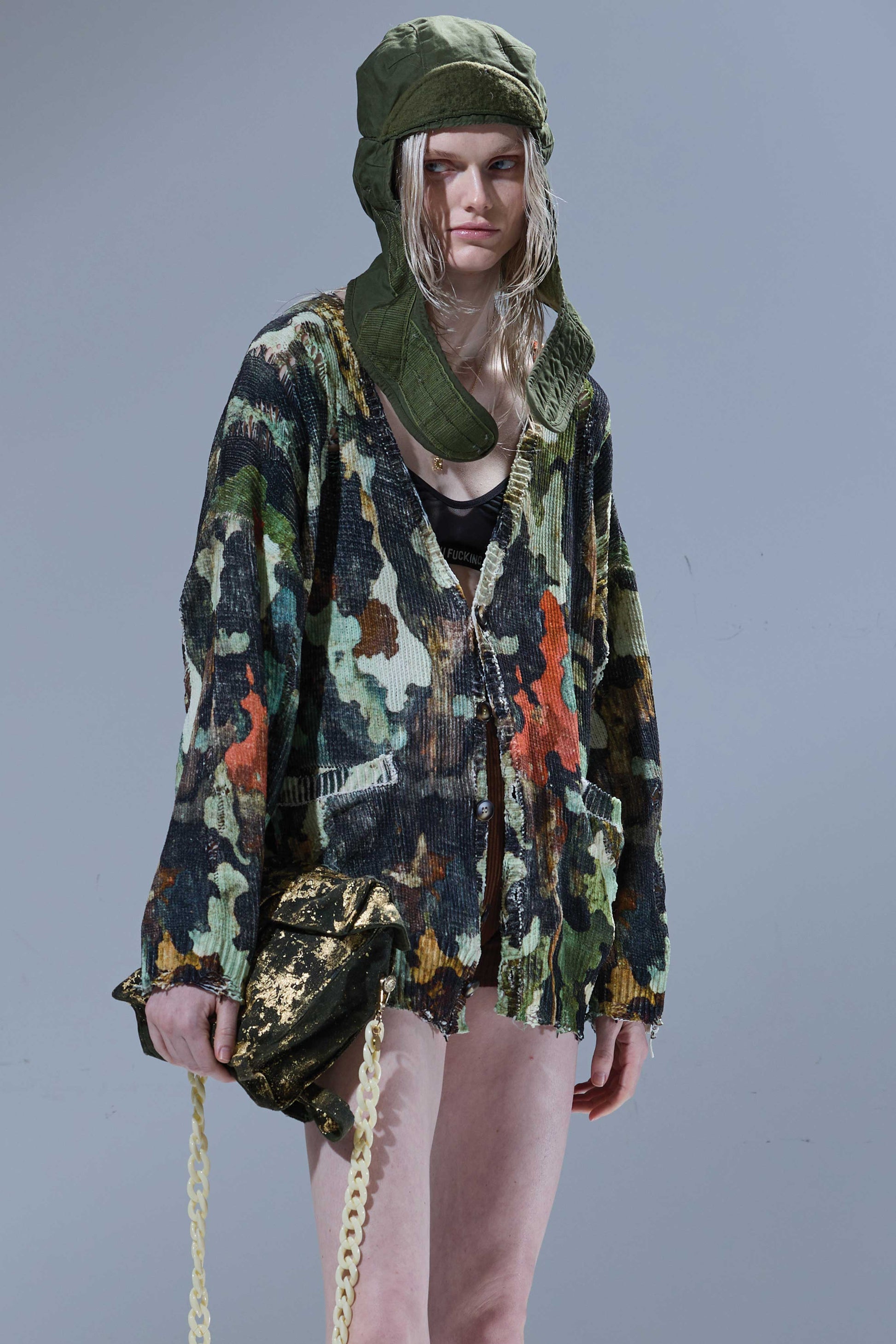 PRINTED OVERSIZED CARDIGAN - LIGHT CAMO GREEN - R13