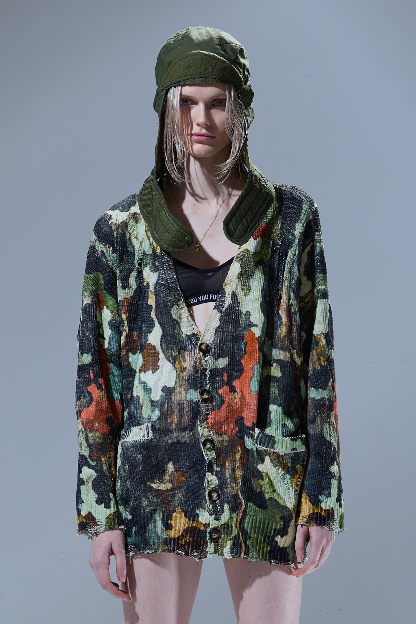 PRINTED OVERSIZED CARDIGAN - LIGHT CAMO GREEN - R13