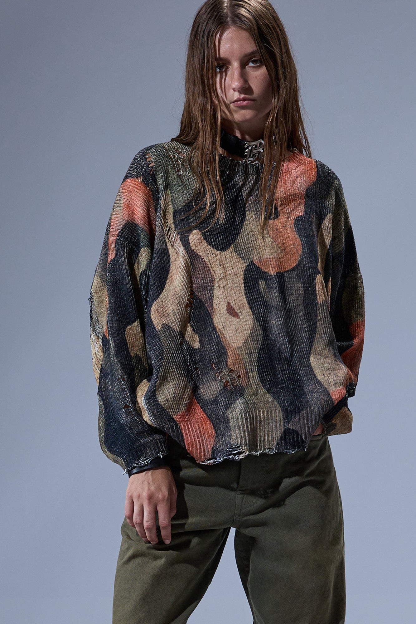 PRINTED OVERSIZED SWEATER - DARK CAMO GREEN