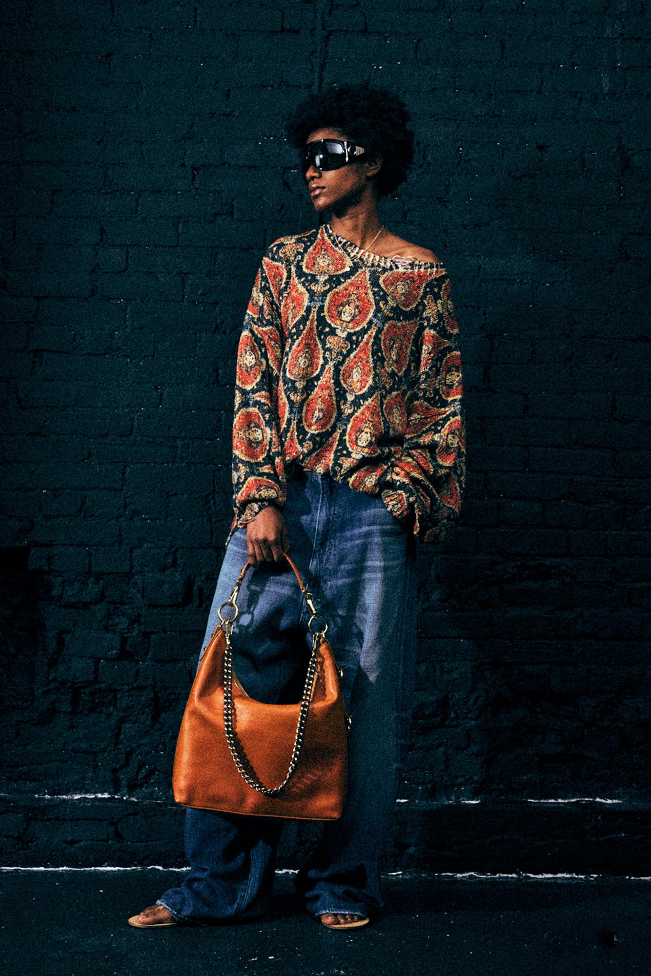 Printed Oversized Sweater - Orange Multicolor - R13