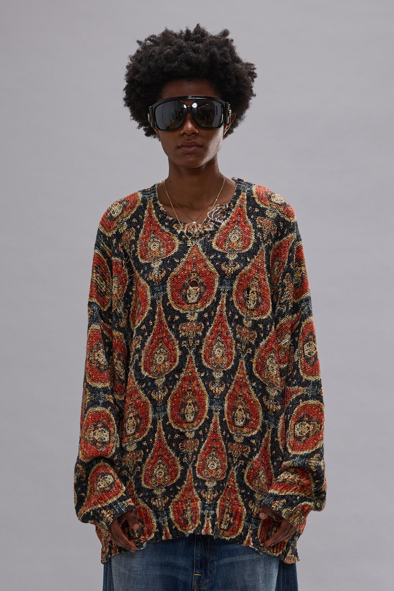 Printed Oversized Sweater - Orange Multicolor - R13