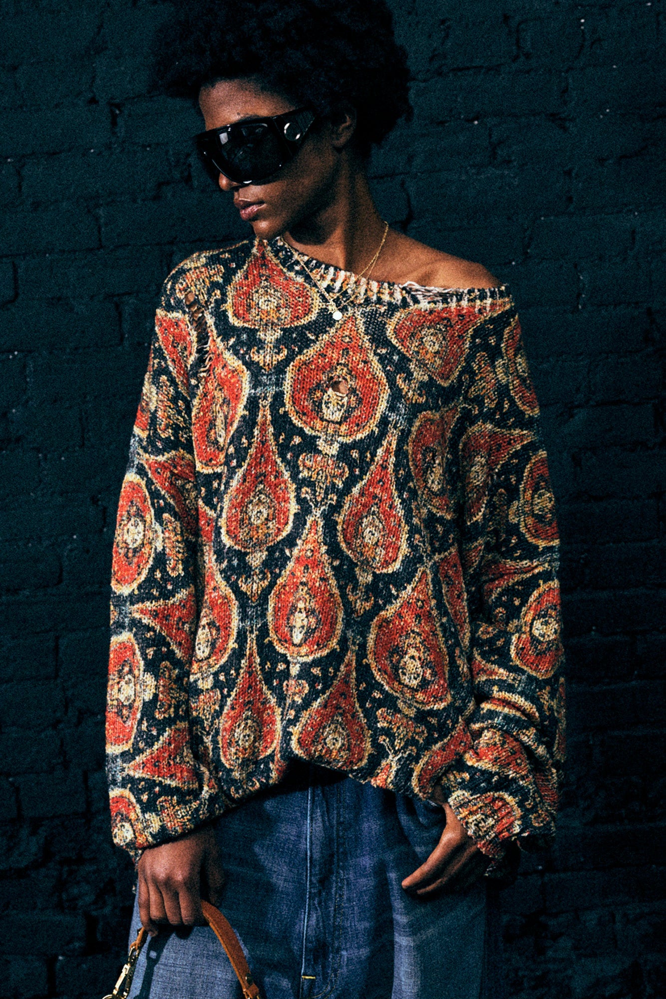 Printed Oversized Sweater - Orange Multicolor - R13