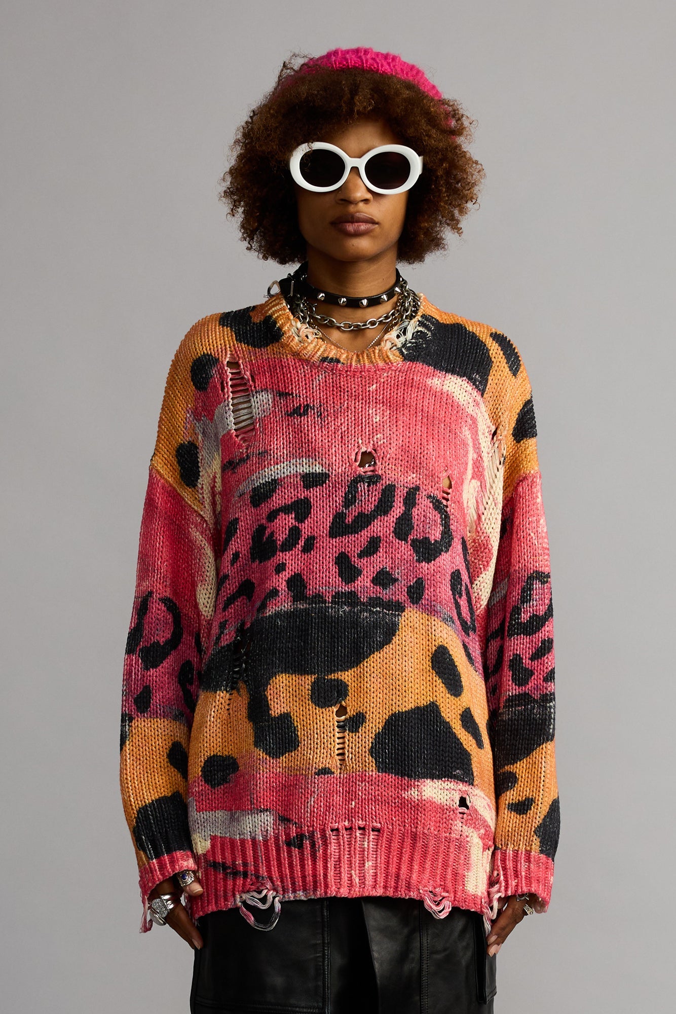 Printed Oversized Sweater - Pink Purple Orange Multi - R13